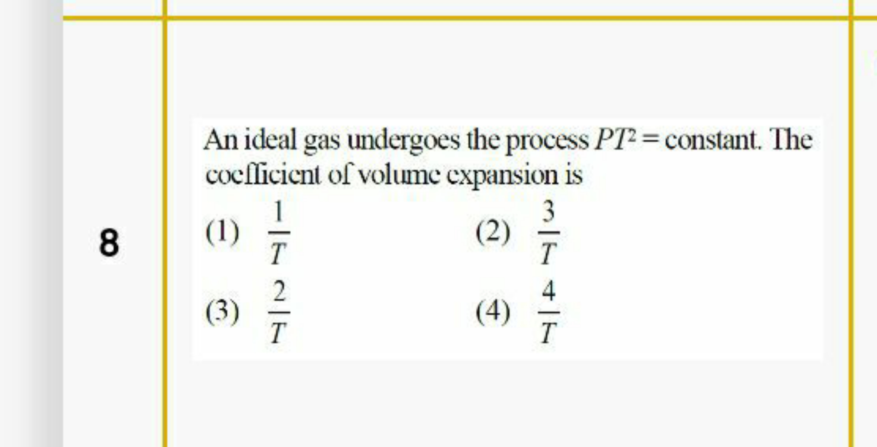 An ideal gas undergoes the process PT2= constant. The cocflicient of v