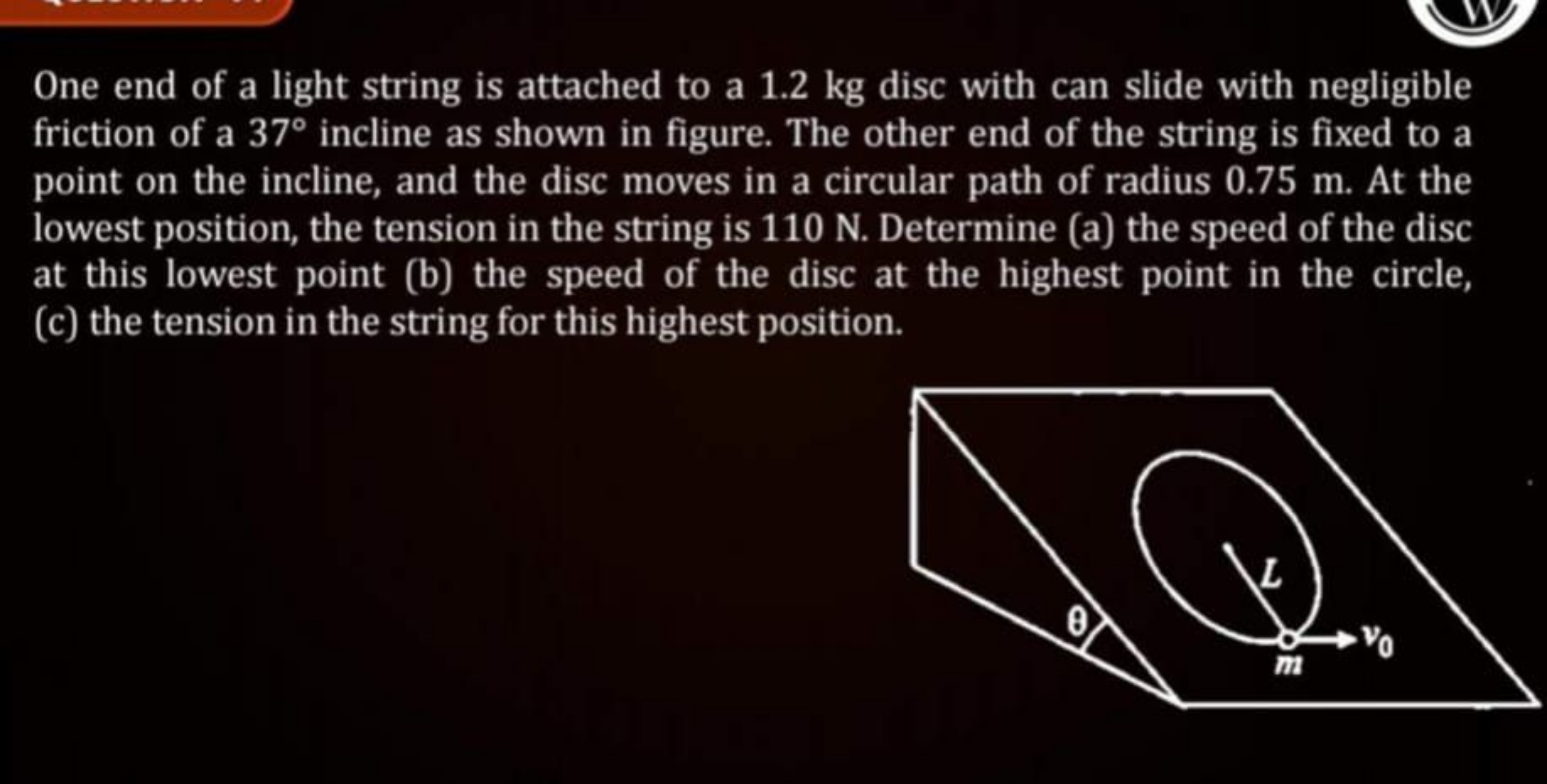 One end of a light string is attached to a 1.2 kg disc with can slide 