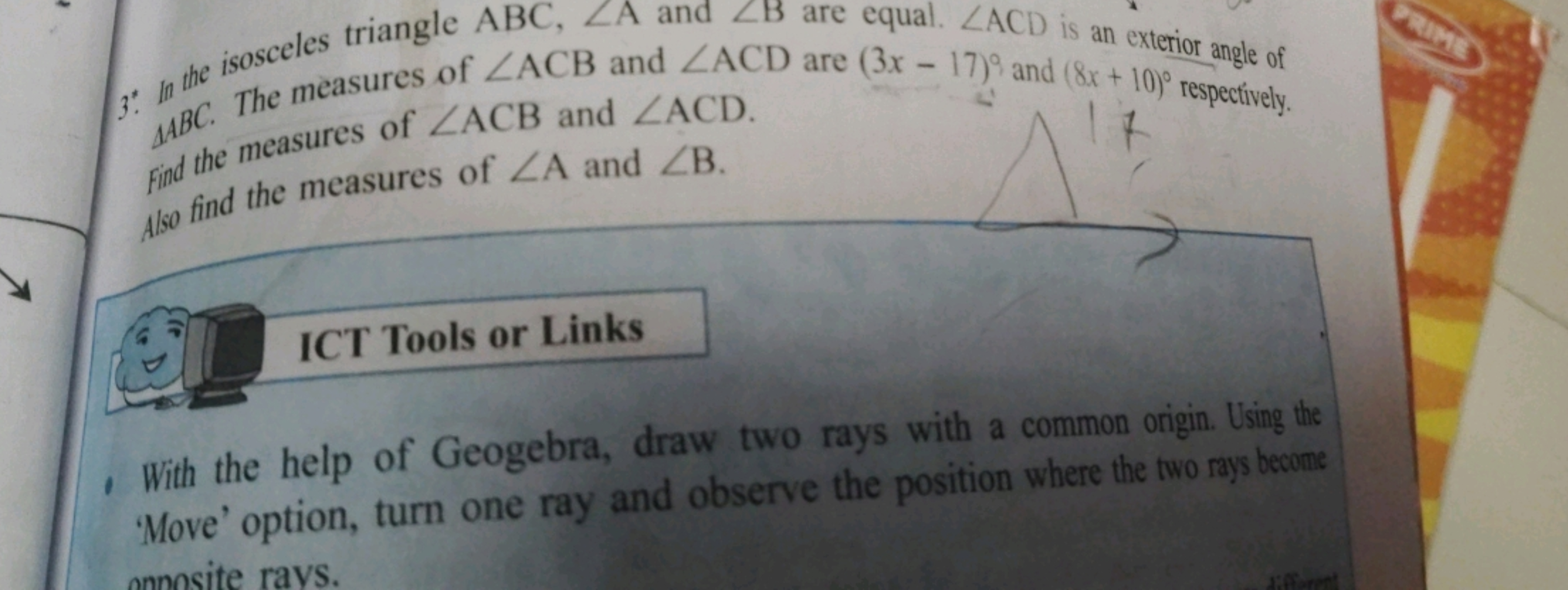 3: In the isosceles triangle ABC, ZA and 2B are equal. ZACD is an exte