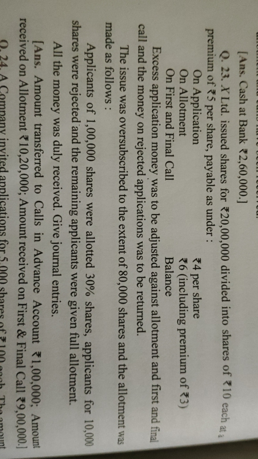[Ans. Cash at Bank ₹ 2,60,000.]
Q. 23. X Ltd. issued shares for ₹20,00