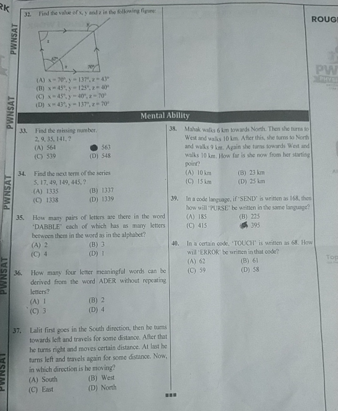 32. Find the value of x,y and z in the following figure:
-
(A) x=70∘,y