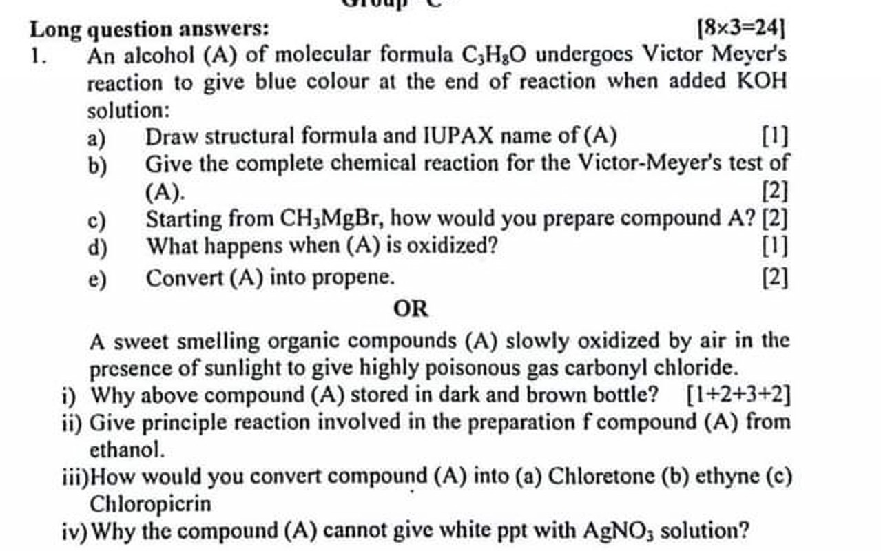 Long question answers:
[8×3=24]
1. An alcohol (A) of molecular formula