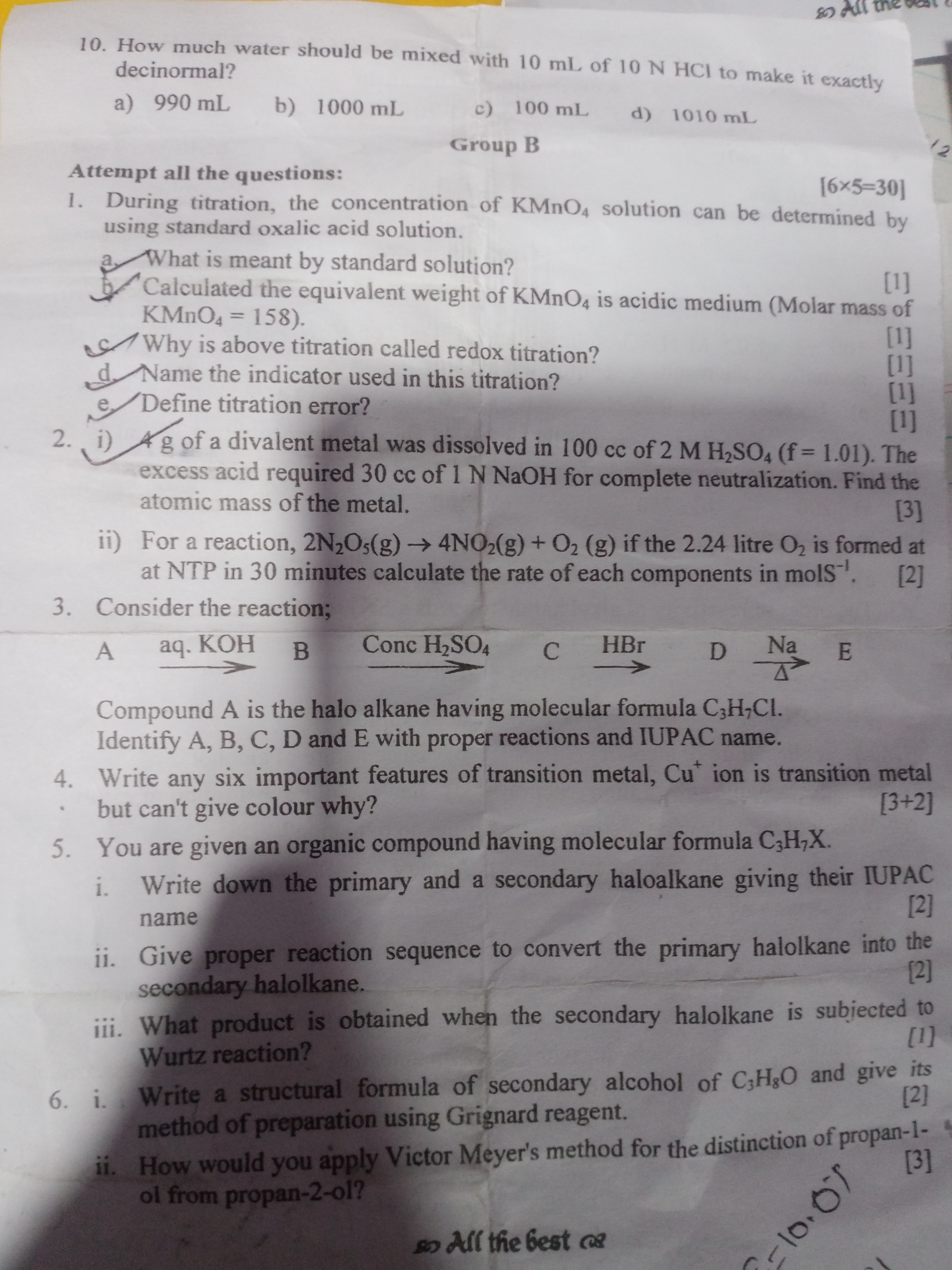 8
10. How much water should be mixed with 10 mL of 10 N HCI to make it