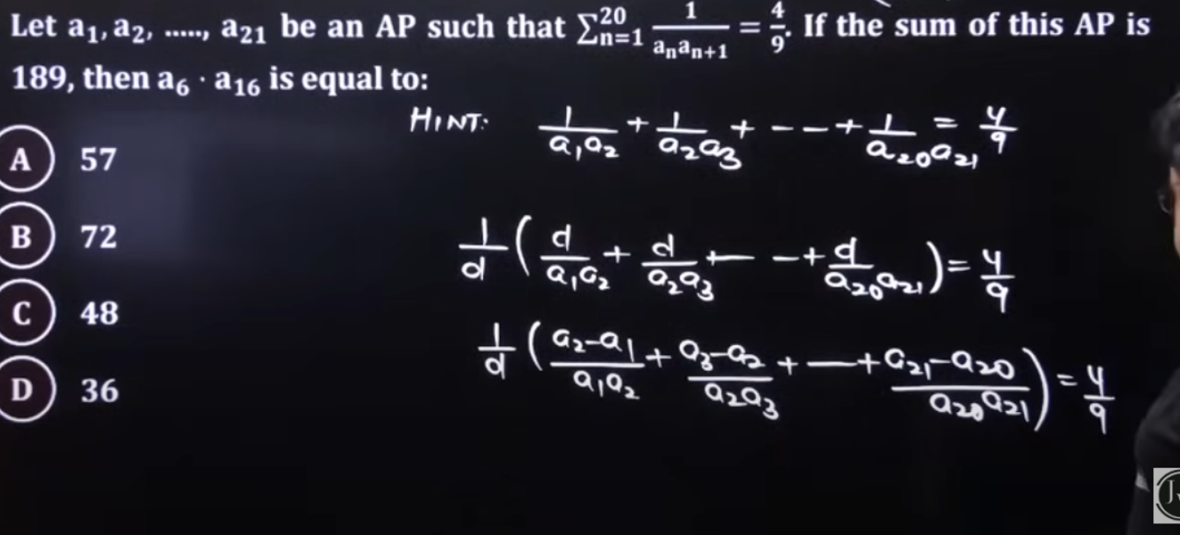 Let a1​,a2​,….,a21​ be an AP such that ∑n=120​an​an+1​1​=94​. If the s