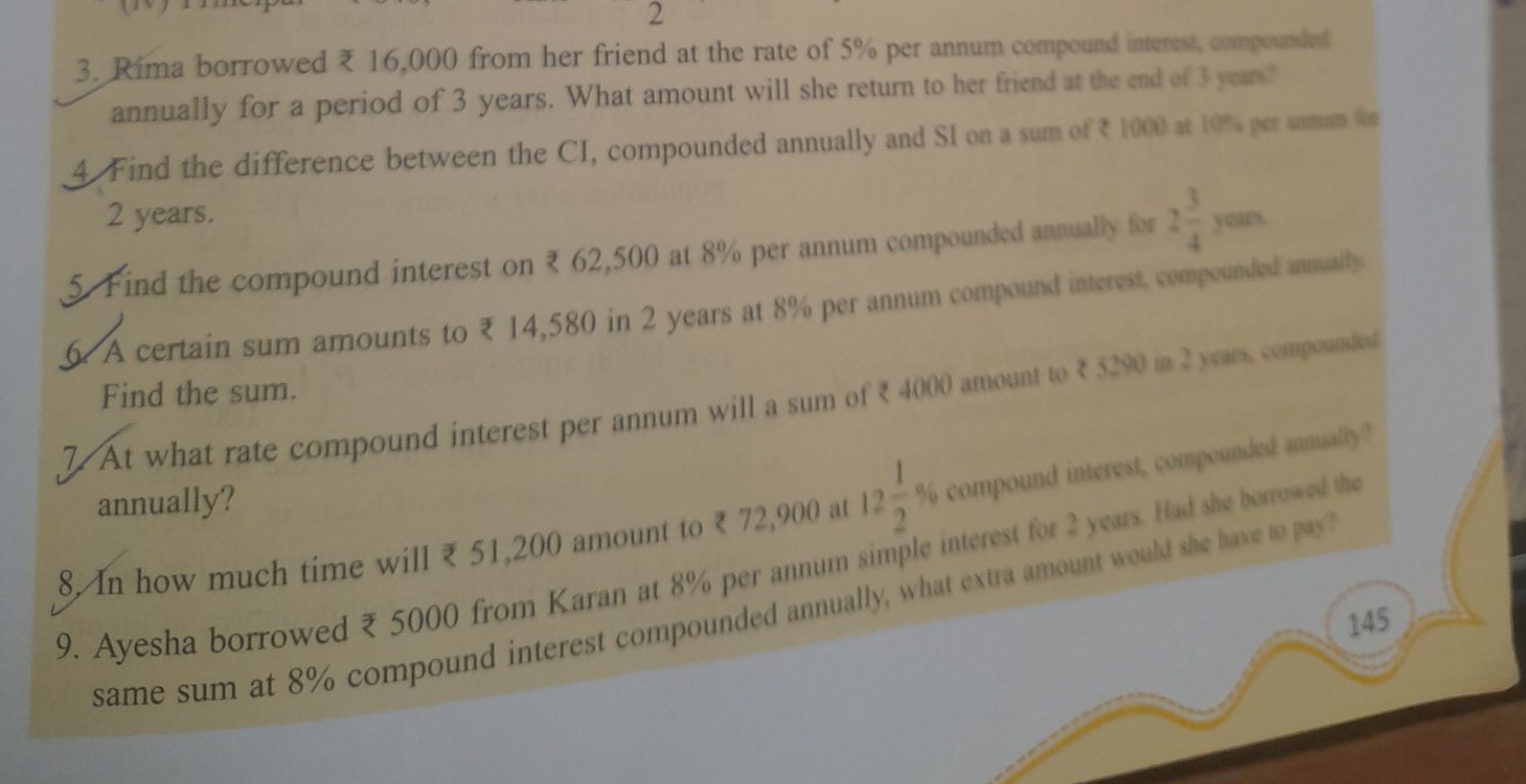 3. Rima borrowed ₹ 16,000 from her friend at the rate of 5% per annum 