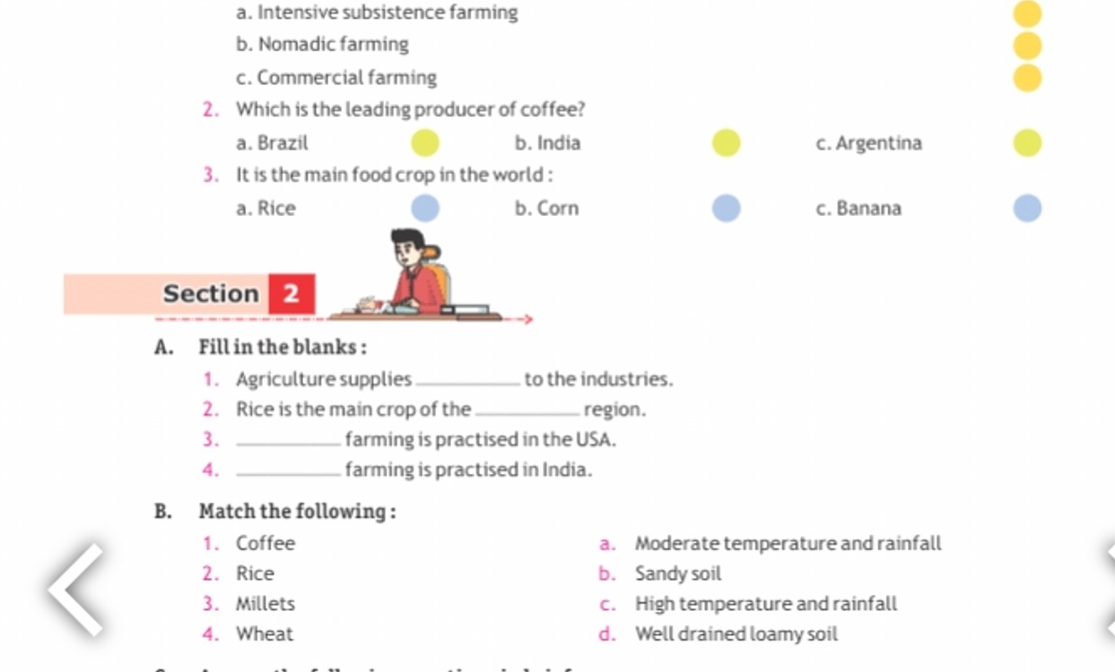 a. Intensive subsistence farming
b. Nomadic farming
c. Commercial farm