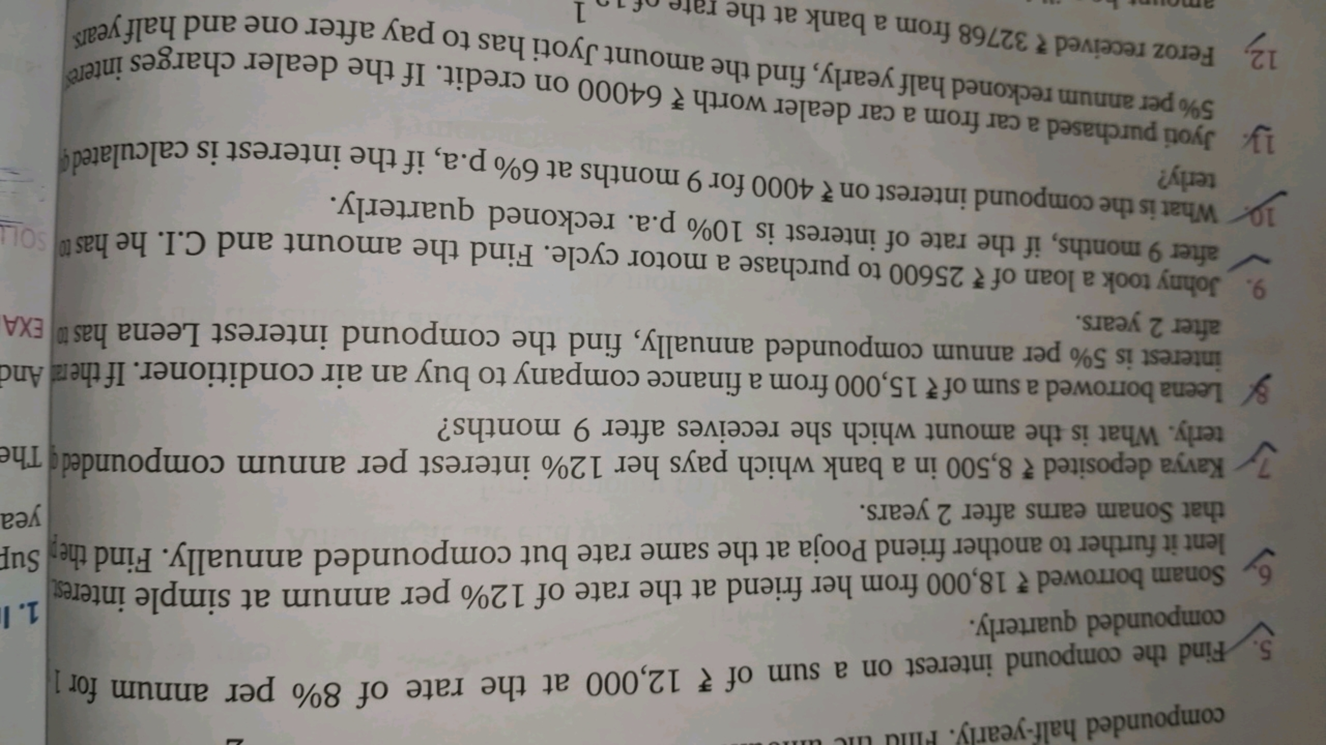 5. Find the compound interest on a sum of ₹12,000 at the rate of 8% pe