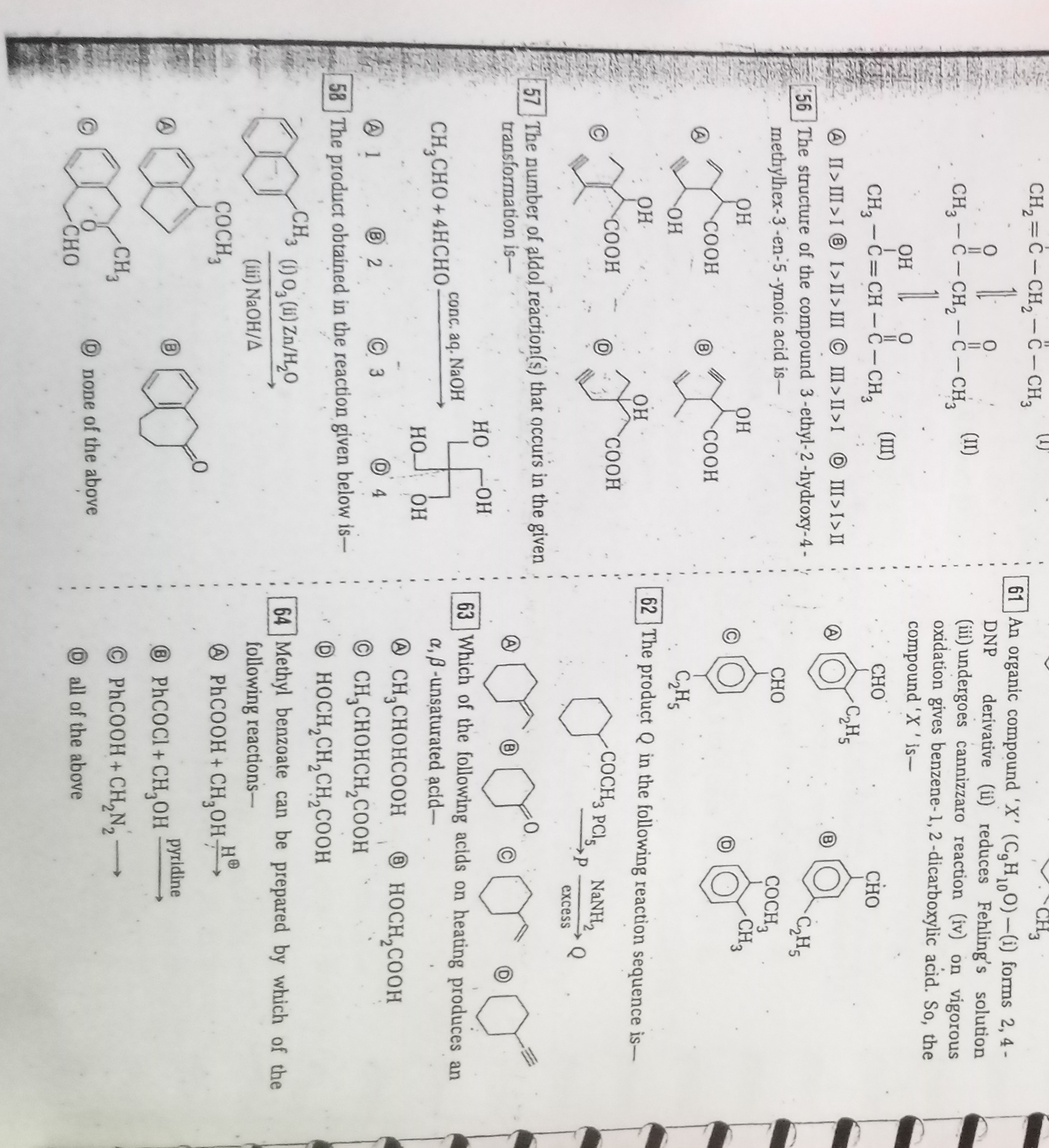 CH2​=C−CH2​−C−CH3​
CC(=O)CC(C)=O
CC(=O)C=C(C)O
(4) II > III > I
(B) I 