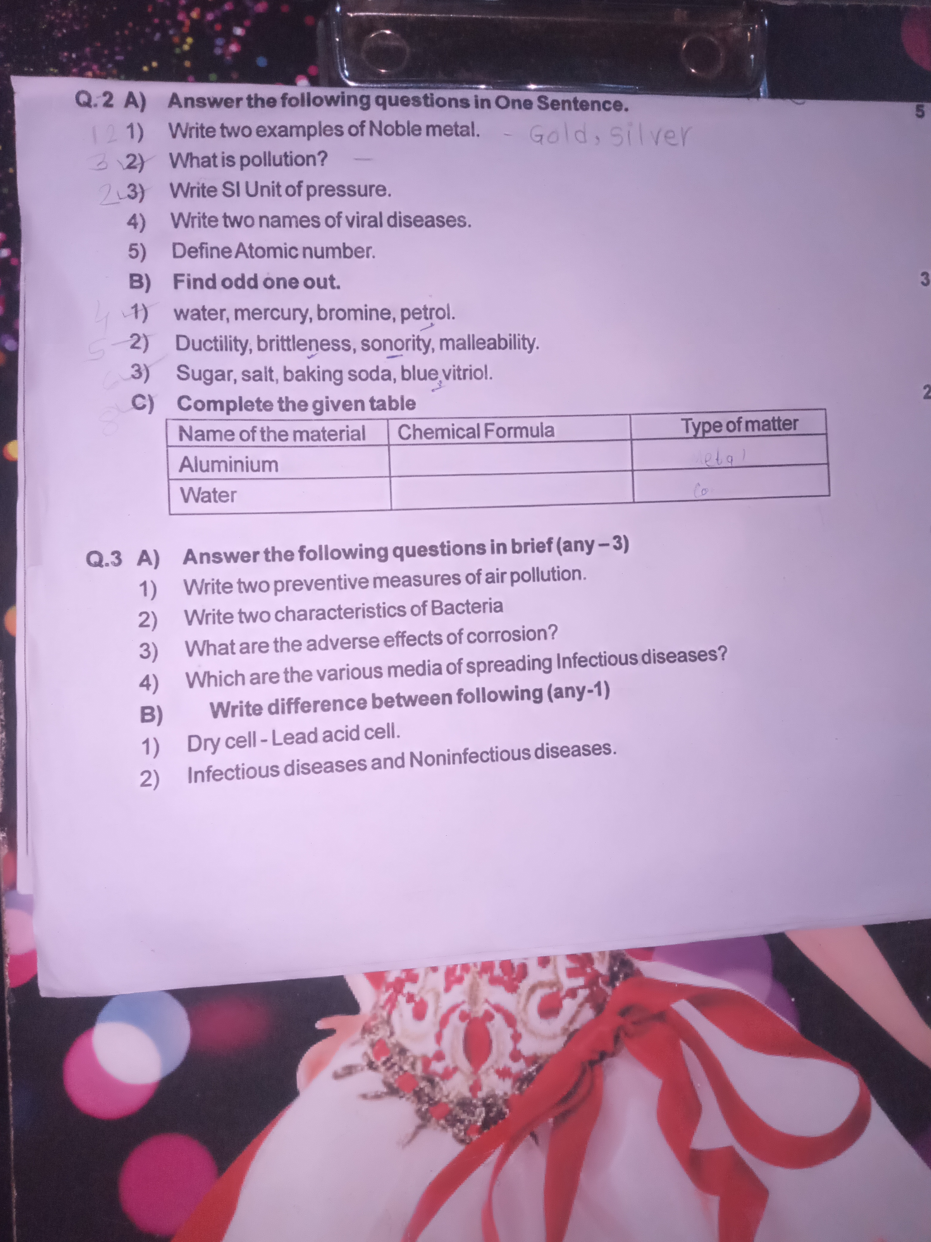 Q. 2 A) Answer the following questions in One Sentence.
5
1) Write two