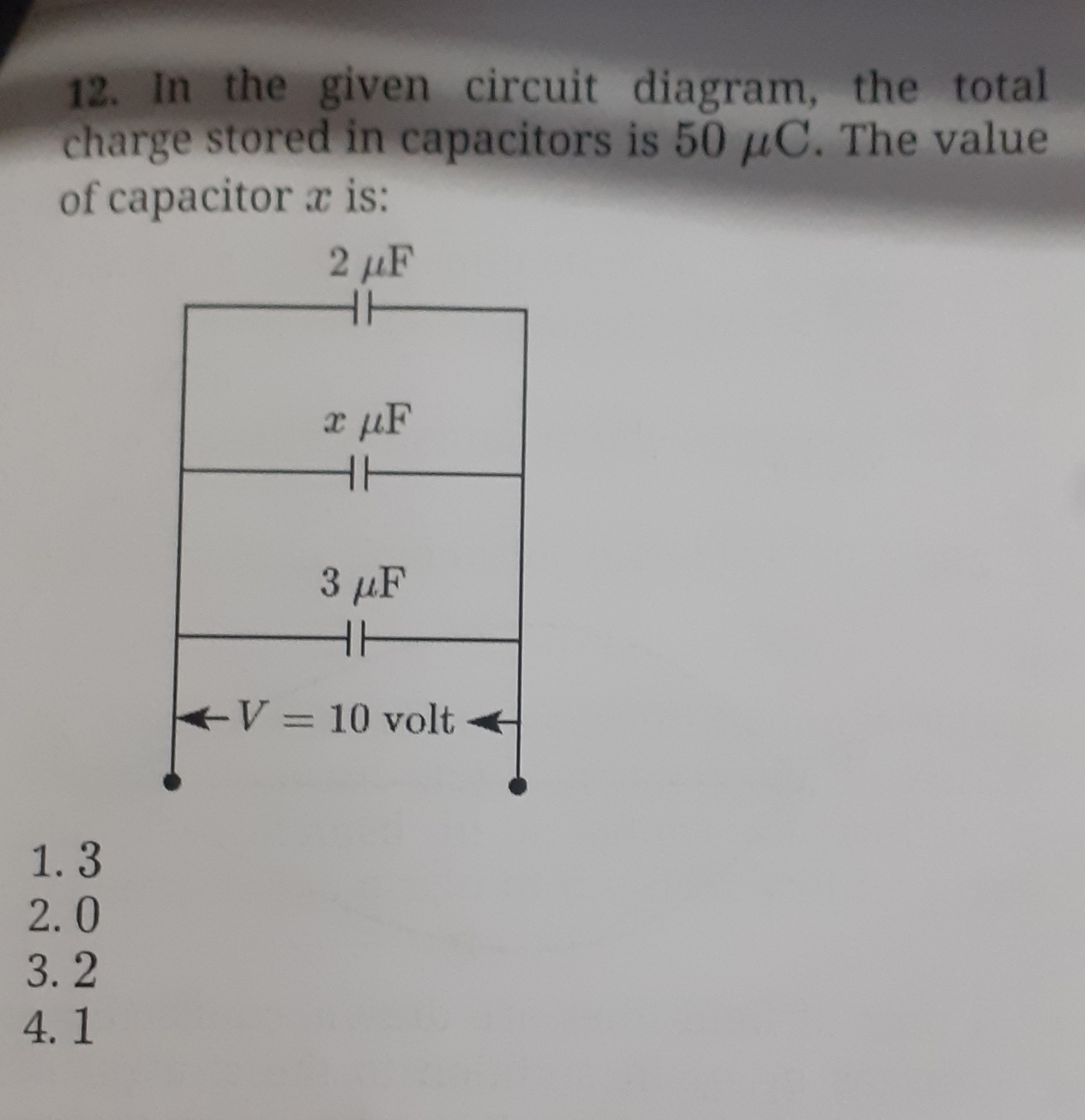 12. In the given circuit diagram, the total charge stored in capacitor