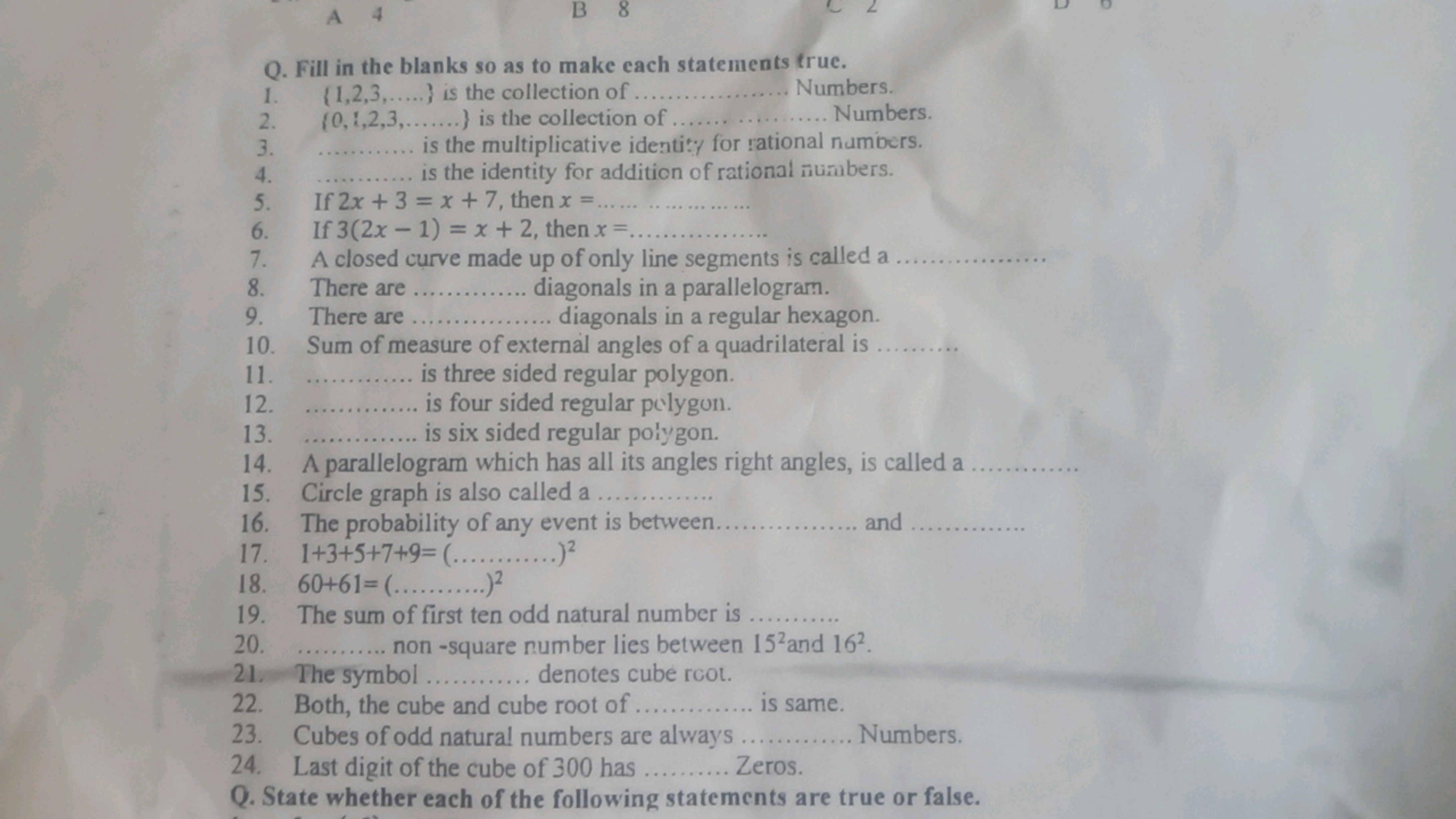 Q. Fill in the blanks so as to make each statements true.
1. {1,2,3,….