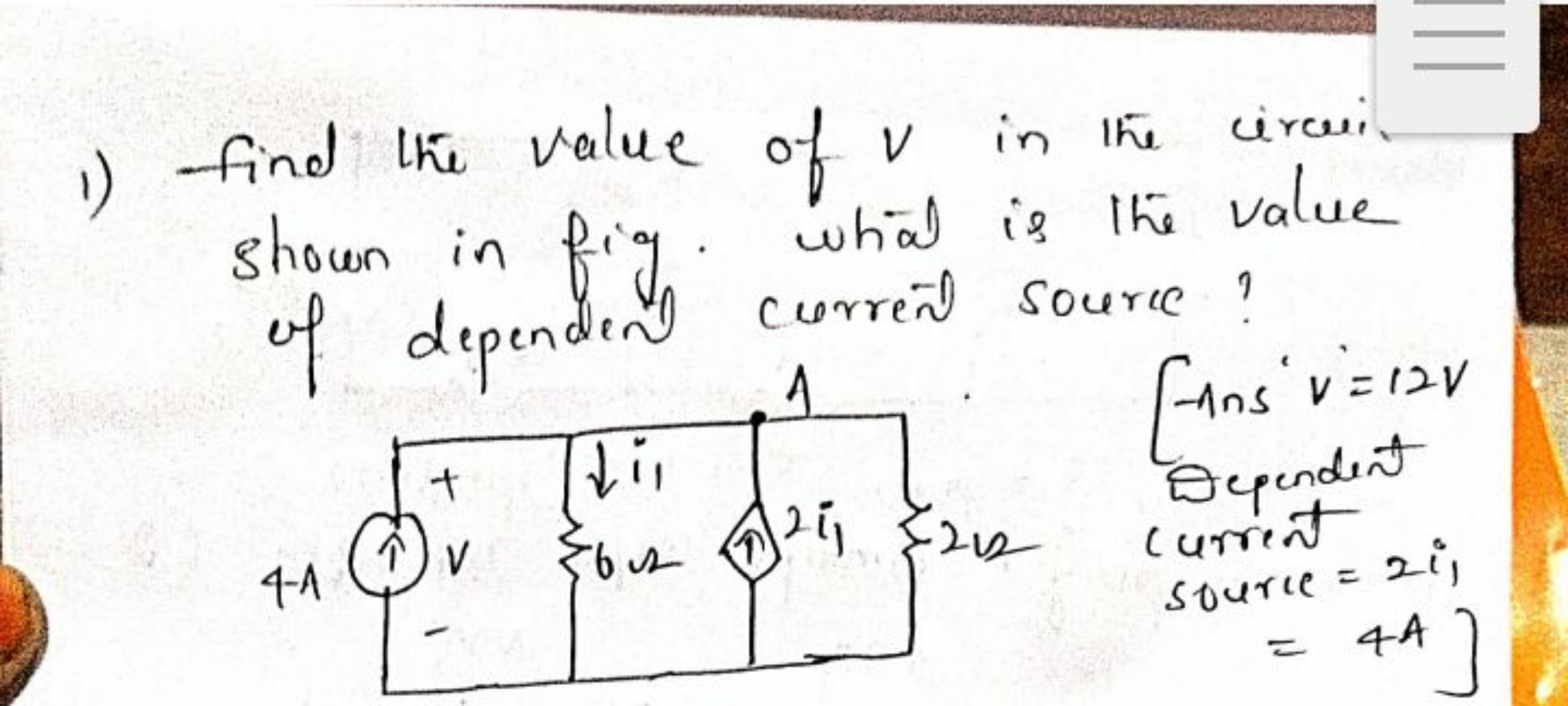 1) Find the value of v in the circuit shown in fig. what is the value 