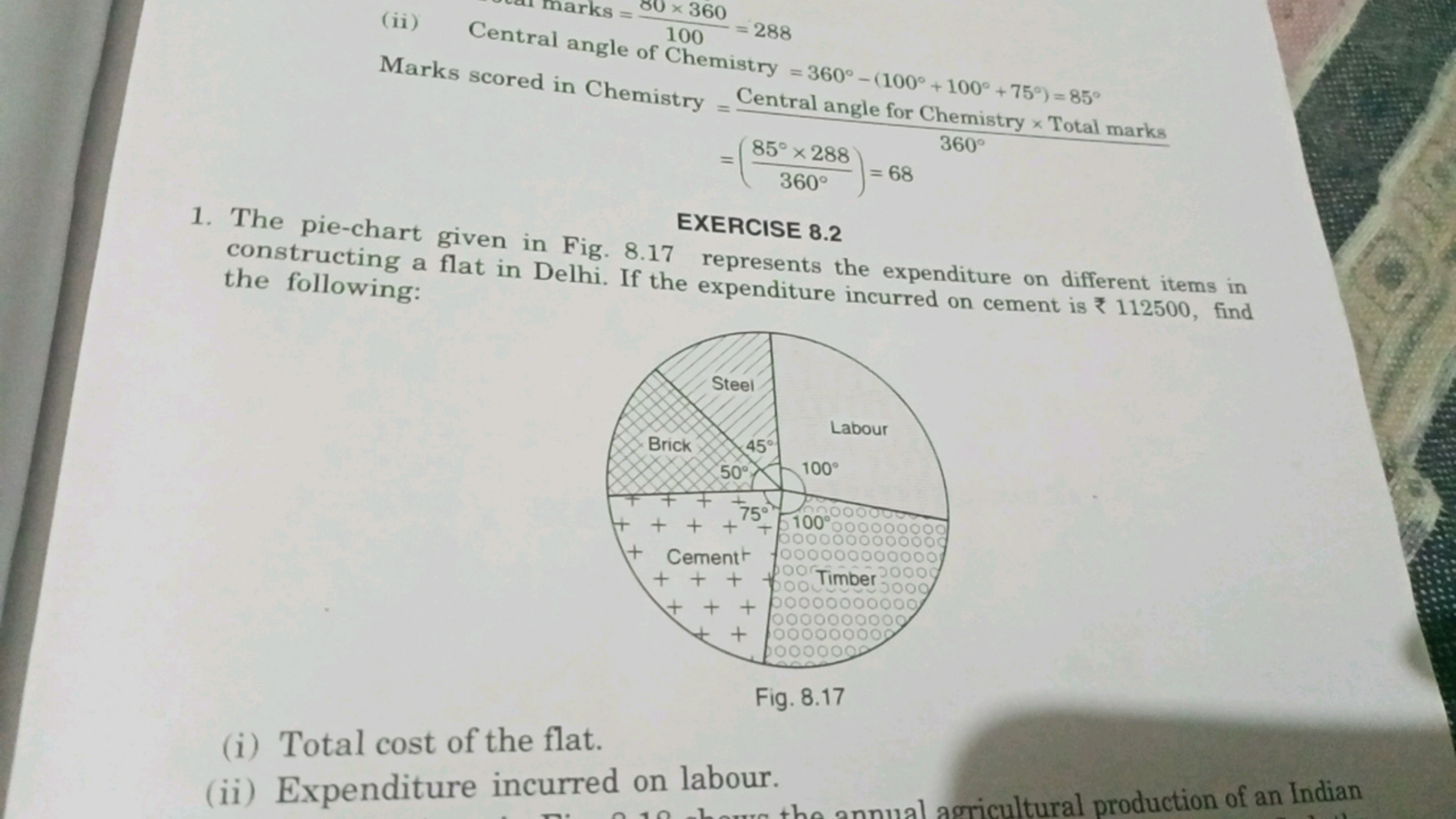 (ii) =288
=(360∘85∘×288​)=68

EXERCISE 8.2
1. The pie-chart given in F