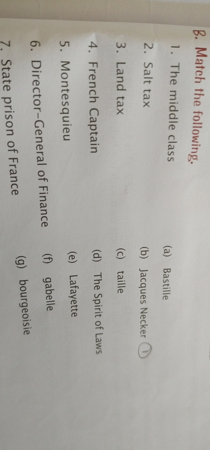 B. Match the following.
1. The middle class
(a) Bastille
2. Salt tax
(