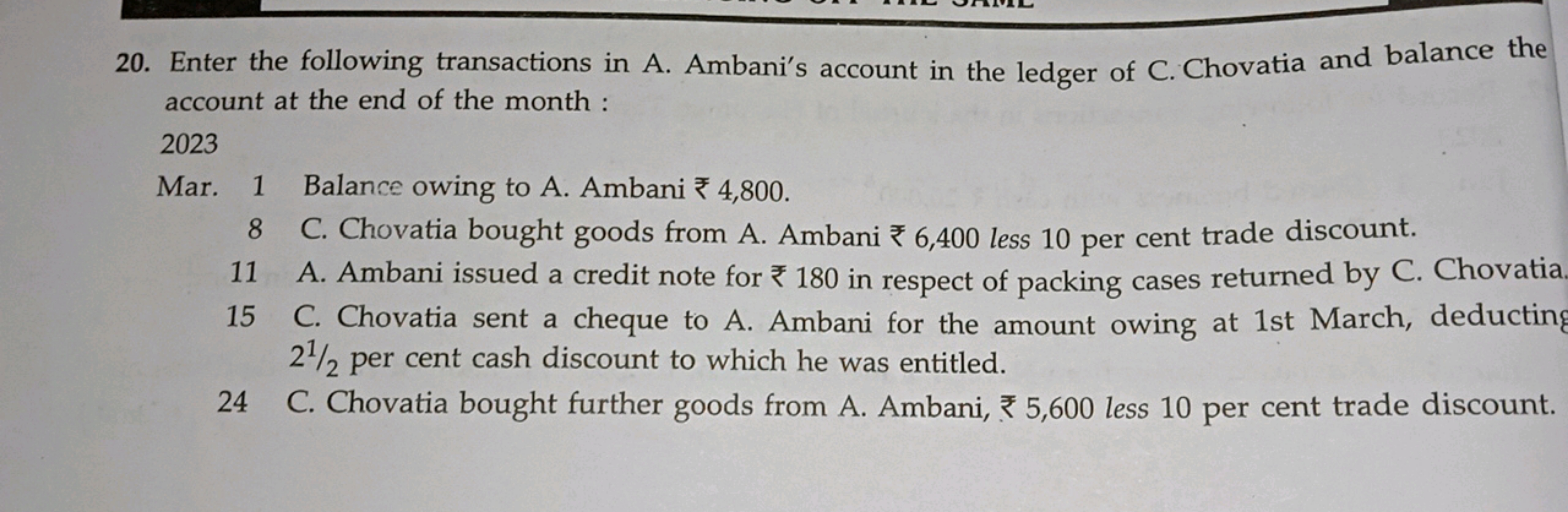 20. Enter the following transactions in A. Ambani's account in the led