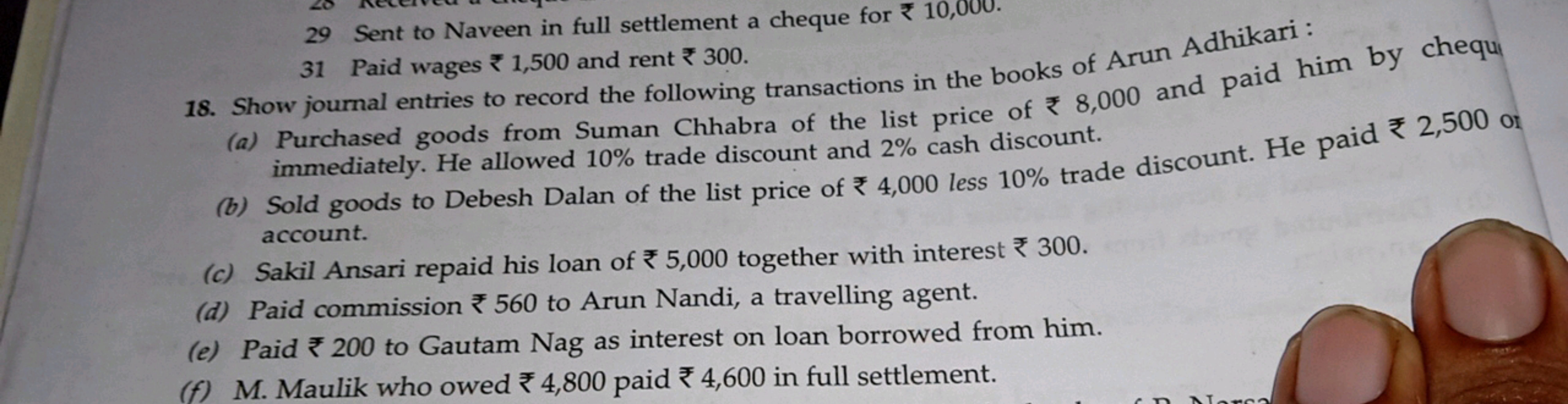 29 Sent to Naveen in full settlement a cheque for ₹10,000.
31 Paid wag