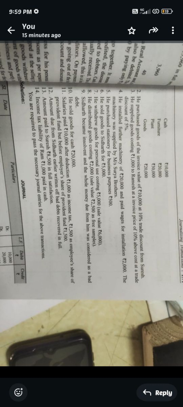 큔
2. He purchased goods of the invoice value of ₹10,000 at 10% trade d