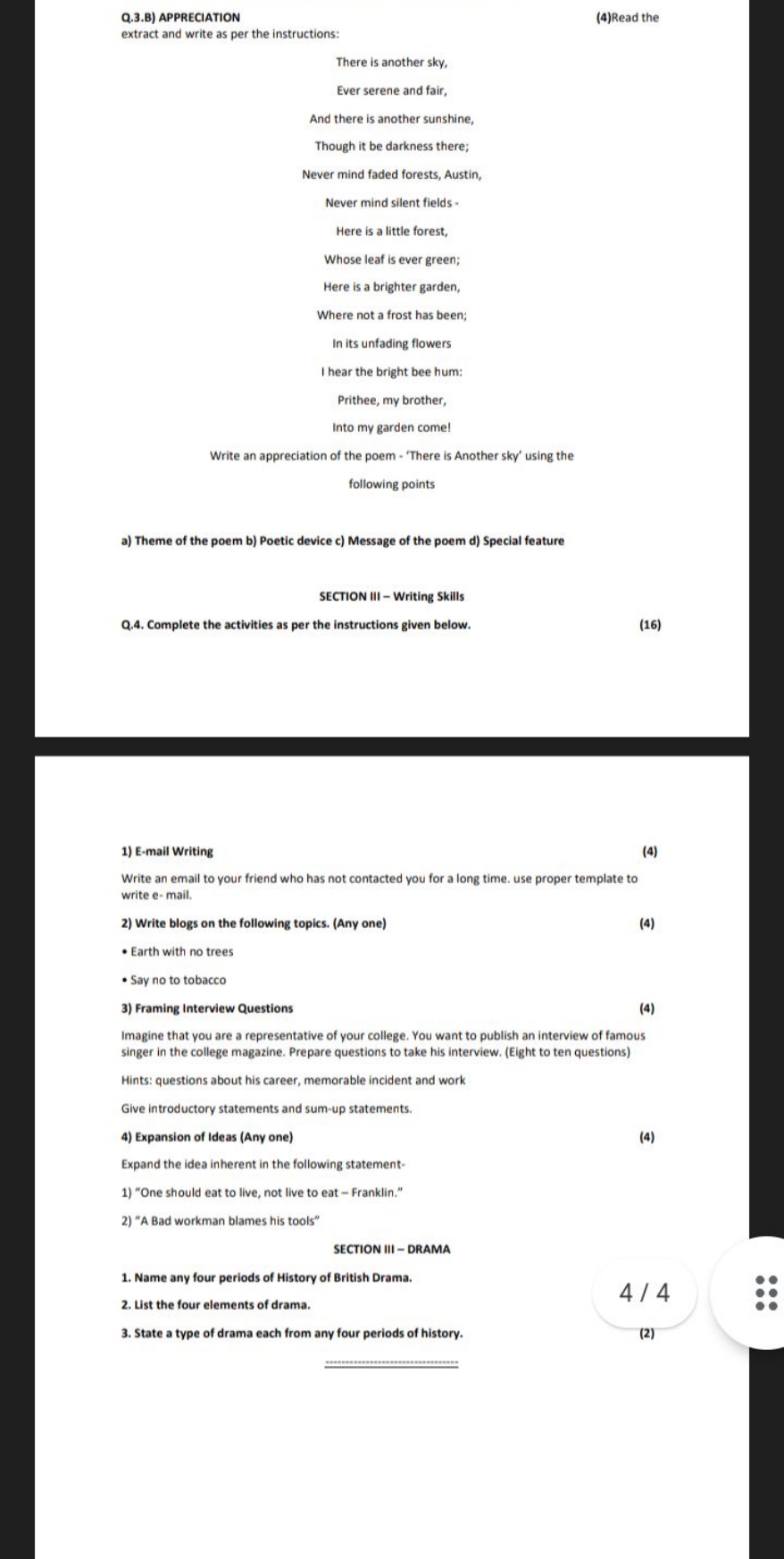 Q.3.B) APPRECIATION
(4)Read the
extract and write as per the instructi