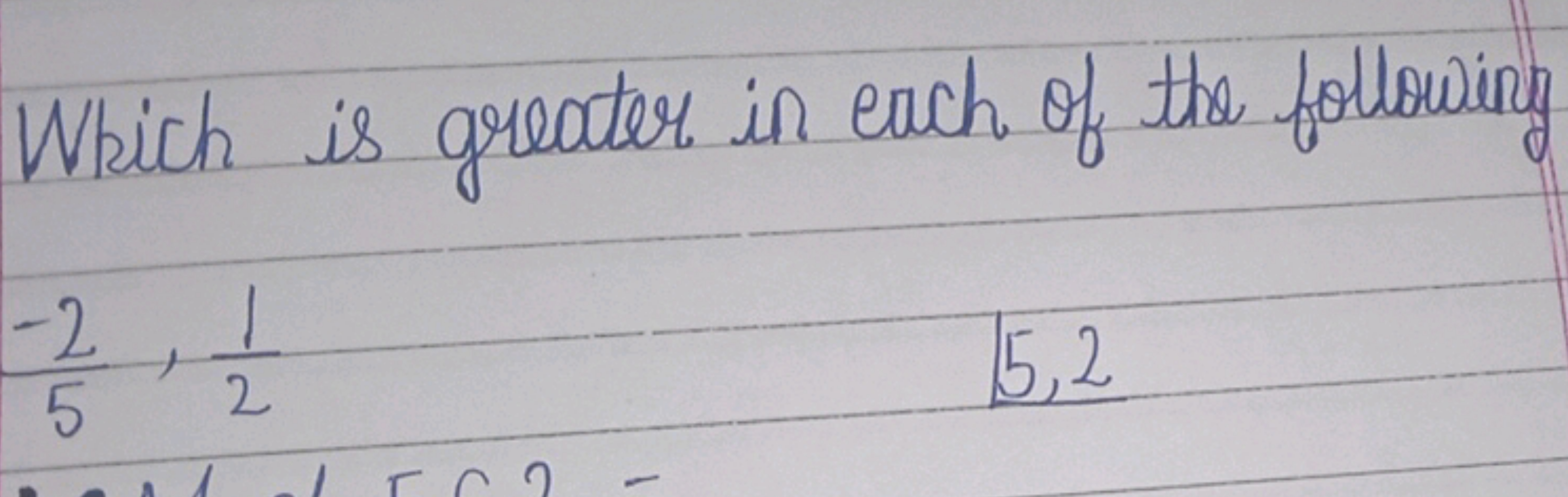 Which is greater in each of the following
-2
1
5 2
5,2