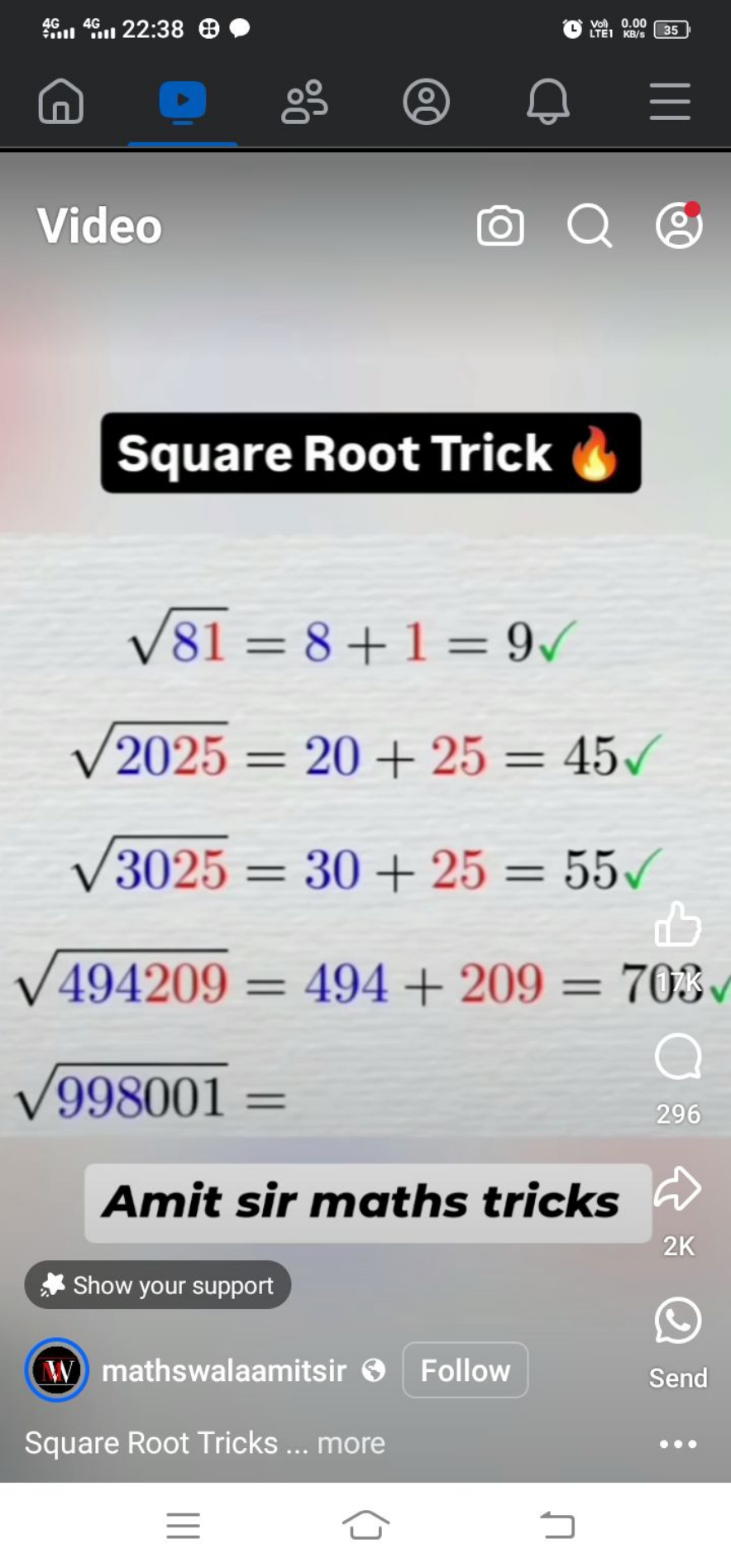 Video

Square Root Trick
81​2025​3025​494209​998001​​=8+1=9=20+25=45=3