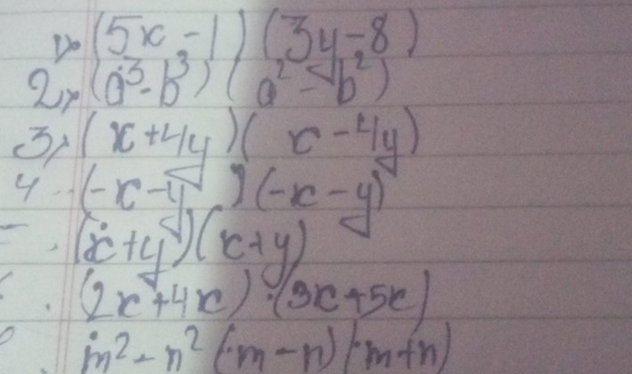 10(5x−1)(3y−8)2x(a3−b3)(a4−t2) 3; (x+4y)(x−4y) 4. (−x−y)(−x−y)2(x˙+y4)