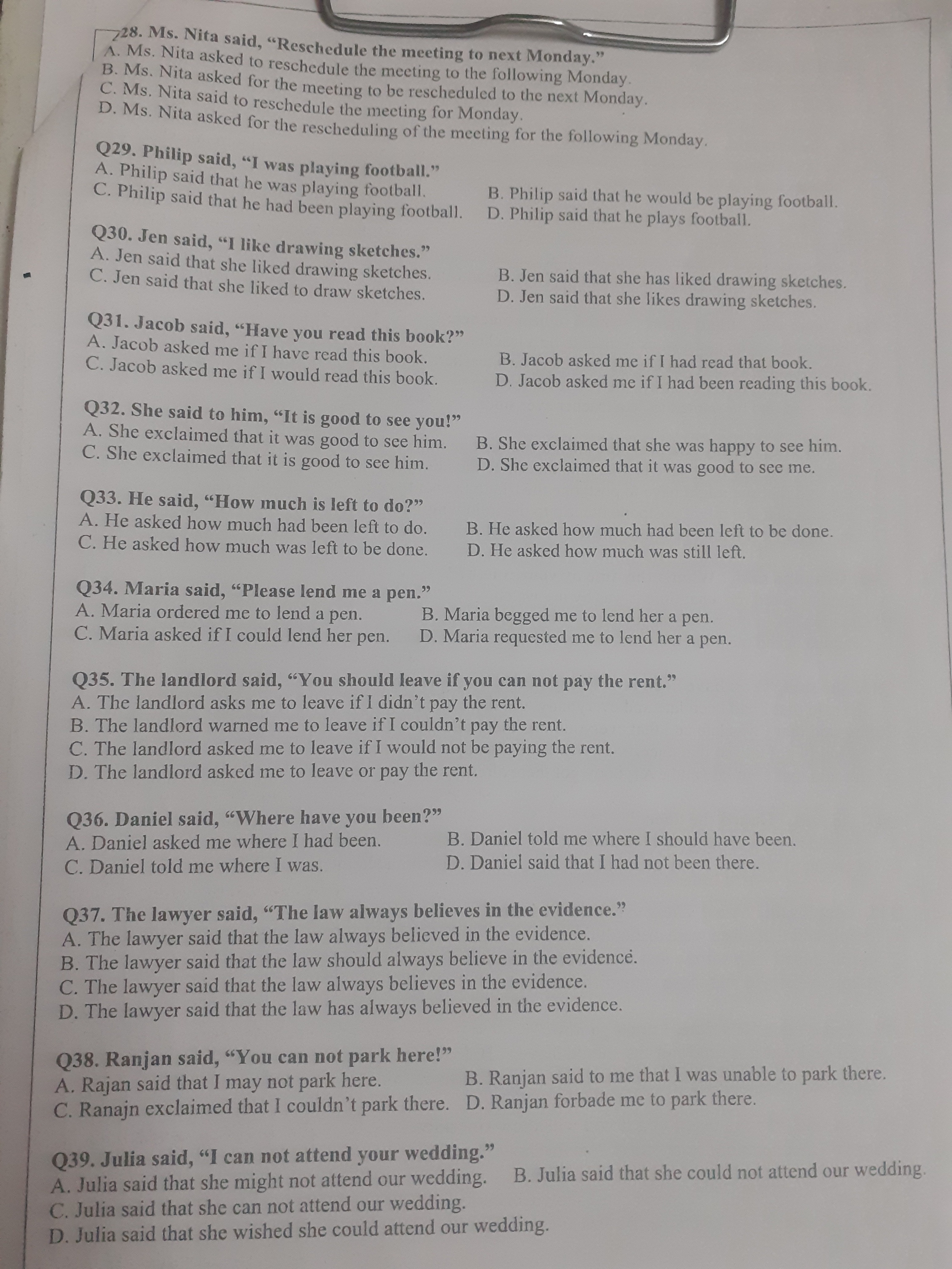 228. Ms. Nita said, "Reschedule the meeting to next Monday."
A. Ms. Ni