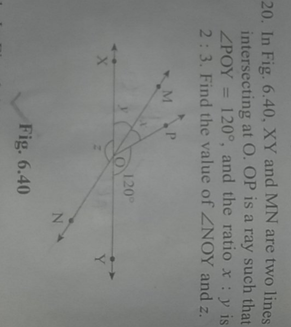 20. In Fig. 6.40,XY and MN are two lines intersecting at O.OP is a ray