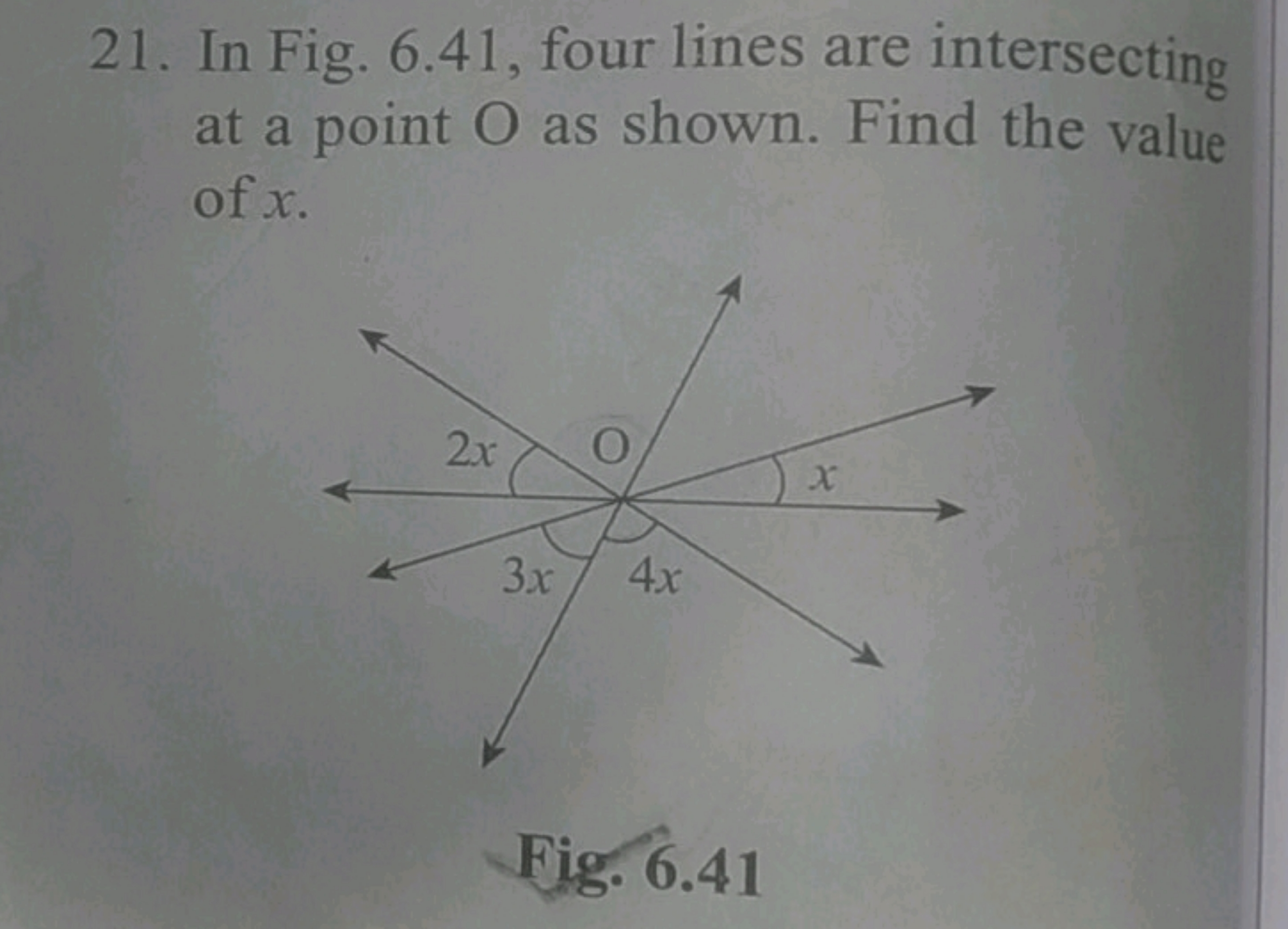 21. In Fig. 6.41, four lines are intersecting at a point O as shown. F