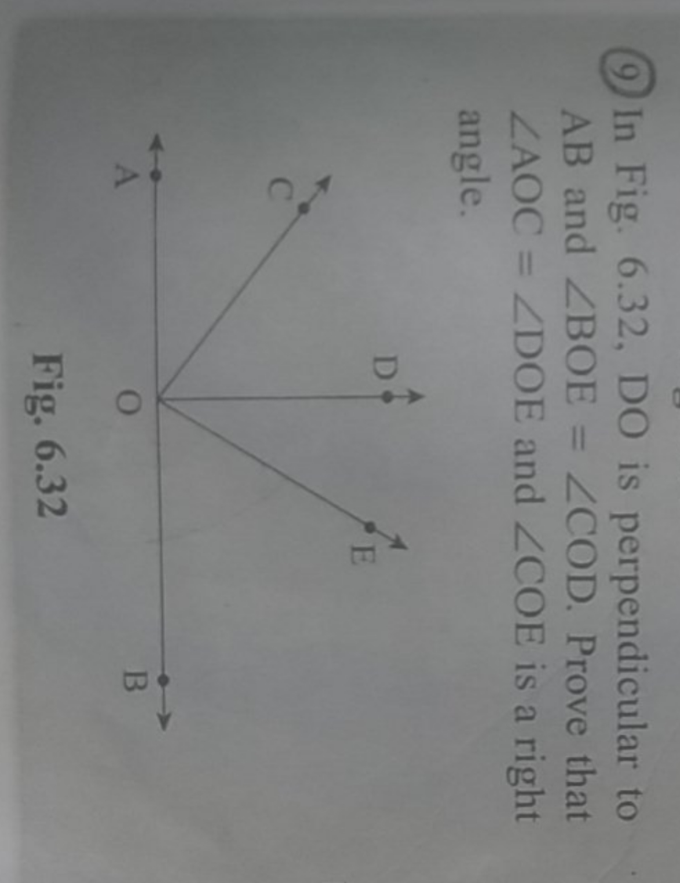 (9) In Fig. 6.32,DO is perpendicular to AB and ∠BOE=∠COD. Prove that ∠