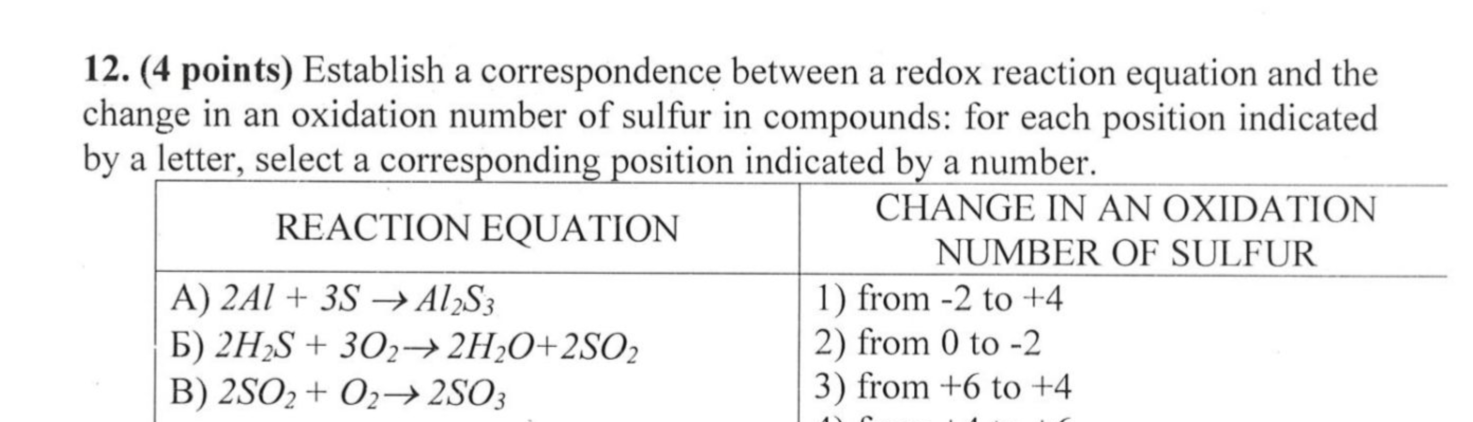 12. (4 points) Establish a correspondence between a redox reaction equ