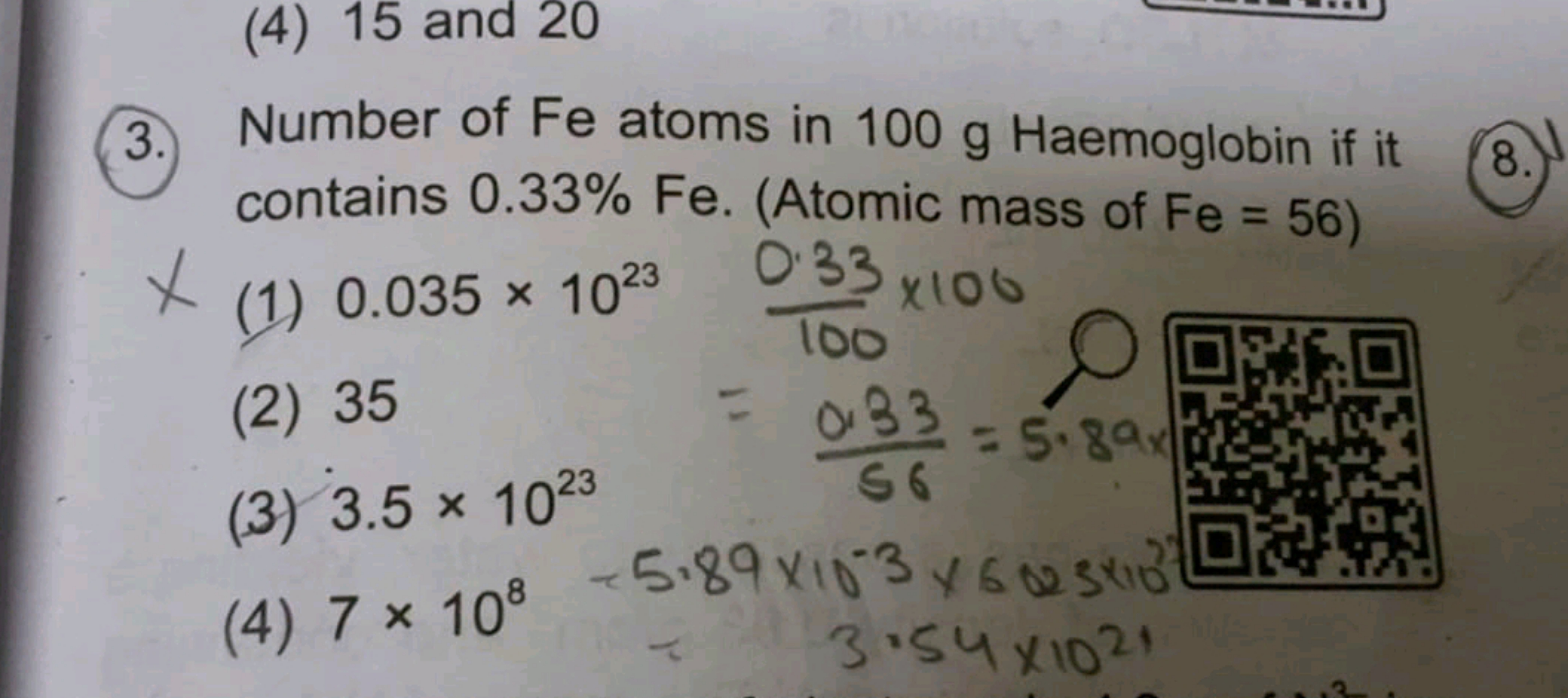 (3.) Number of Fe atoms in 100 g Haemoglobin if it contains 0.33%Fe. (