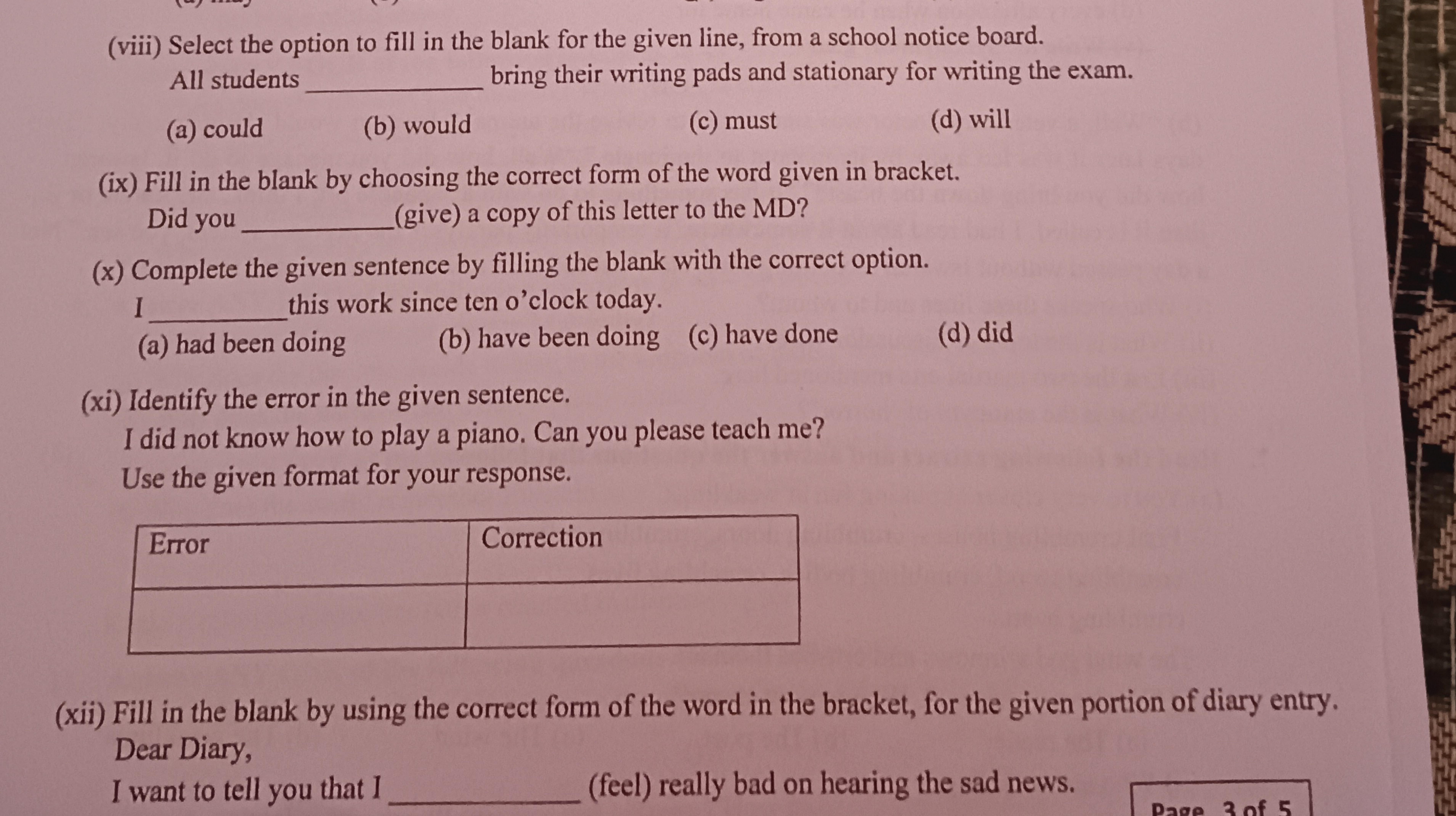 (viii) Select the option to fill in the blank for the given line, from