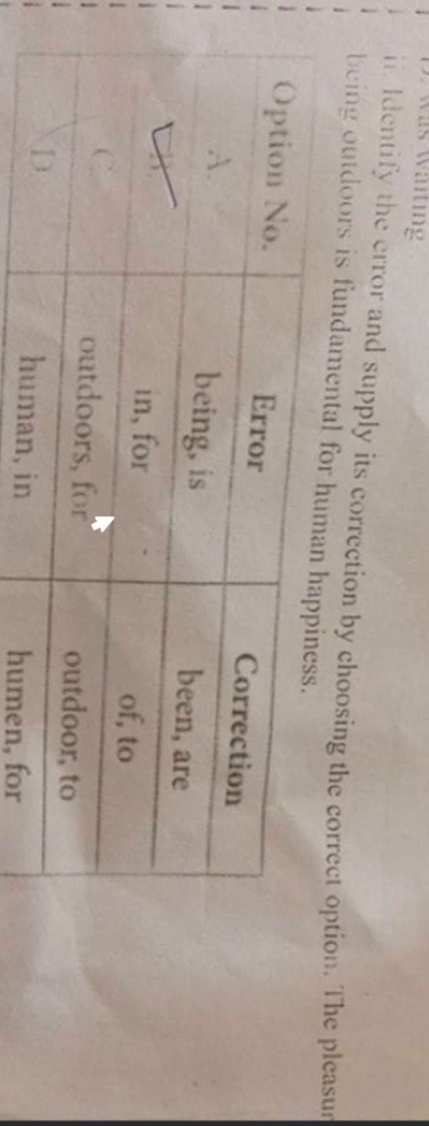 ii. Identify the error and supply its correction by choosing the corre