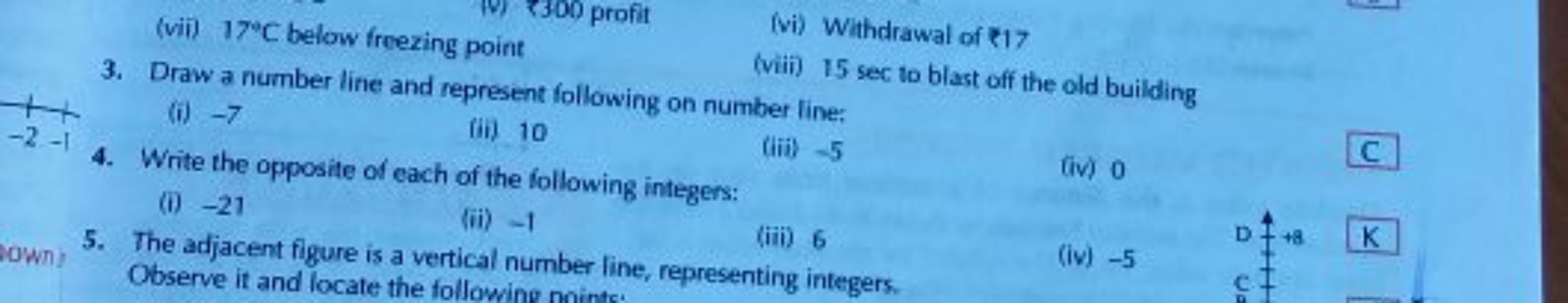 (vii) 17∘C below freezing point
(vi) Withdrawal of ₹17
3. Draw a numbe