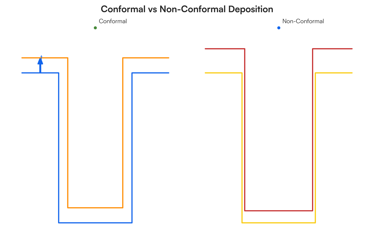 Explain the conformal and non-conformal deposition. Include the followin..