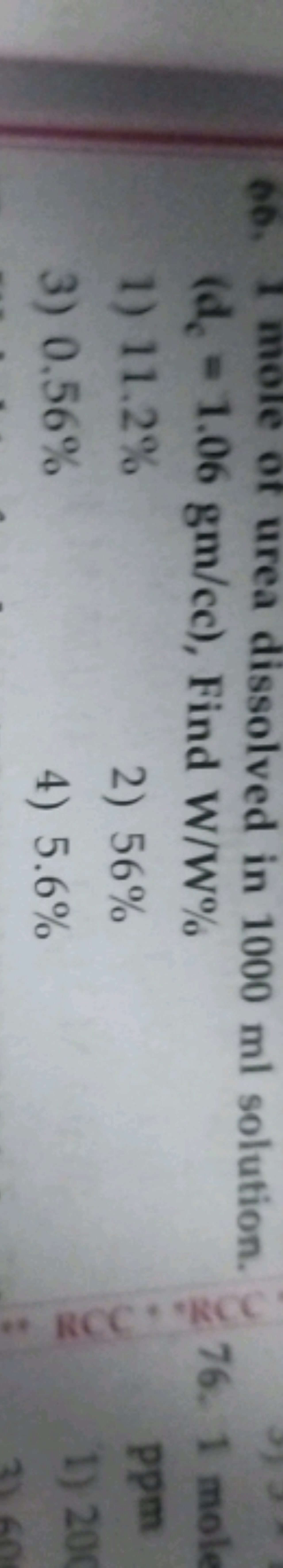 66. I more of urea dissolved in 1000 ml solution. (dc​=1.06gm/cc), Fin