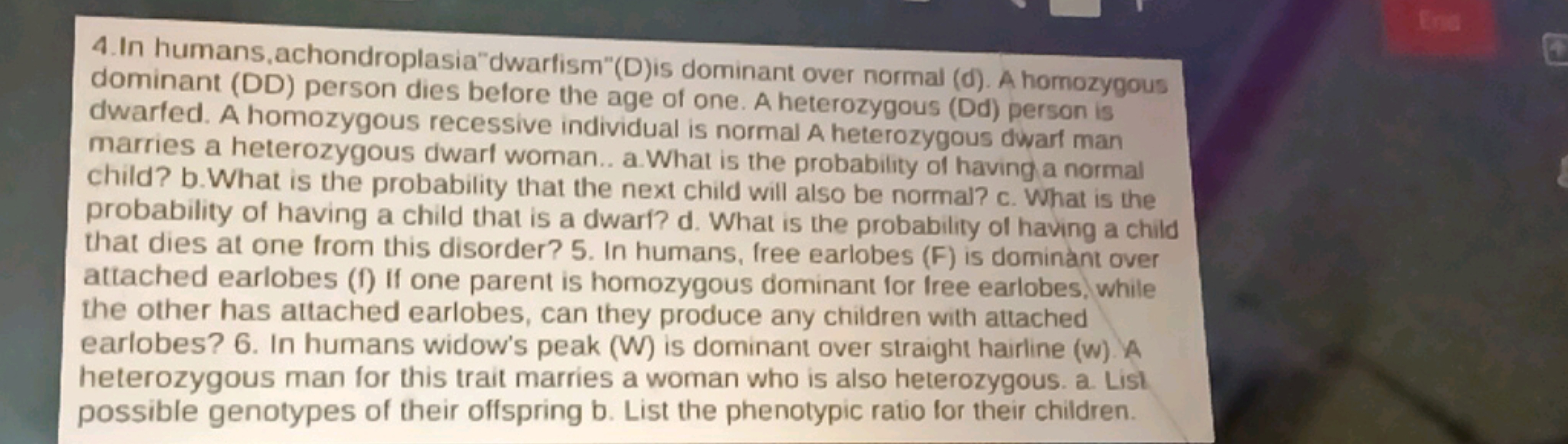 4. In humans, achondroplasia"dwarfism"(D)is dominant over normal (d). 