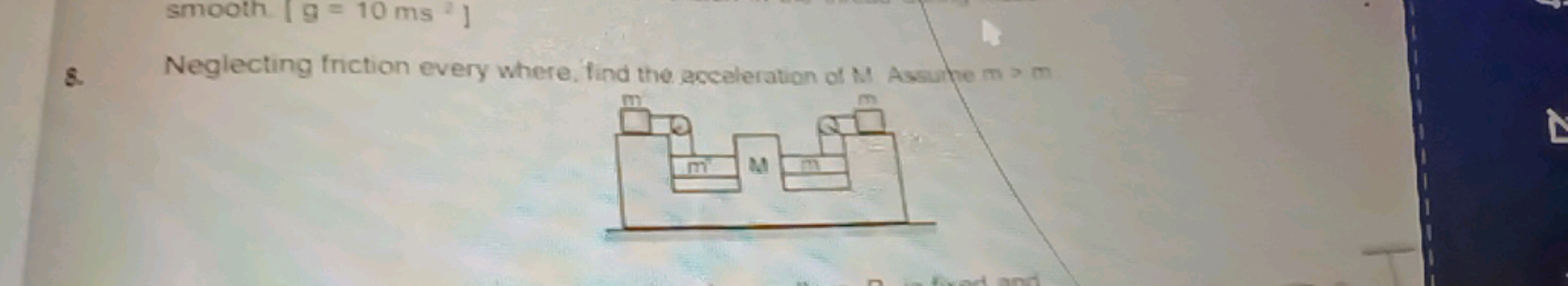 8. Neglecting friction every where, find the acceleration of M Assurpe