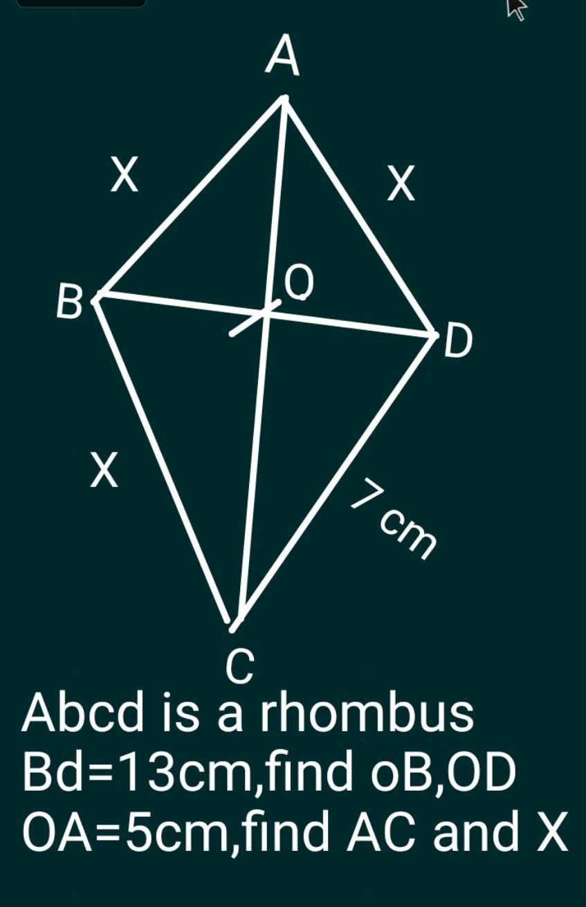 Abcd is a rhombus Bd=13 cm,find oB,OD OA=5 cm, find AC and X