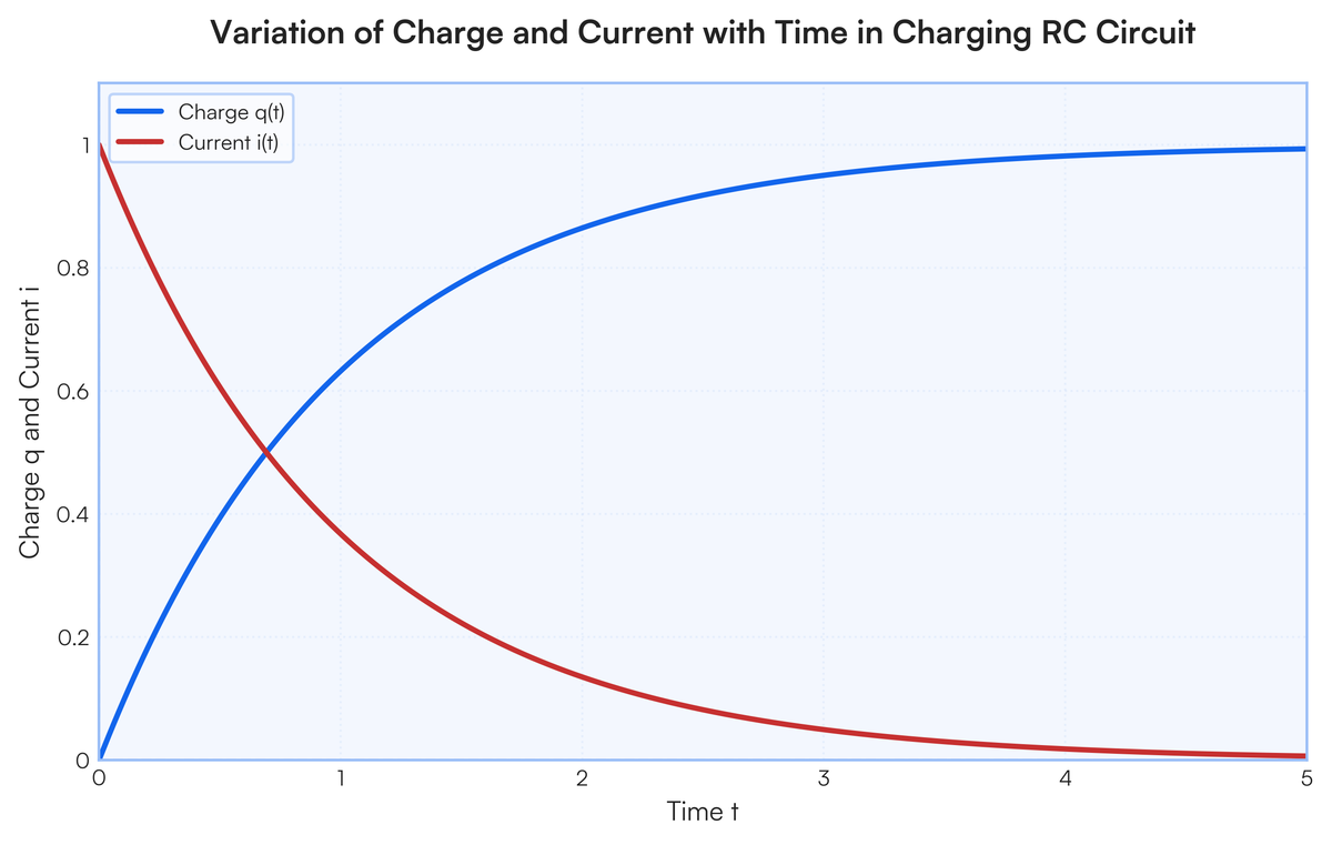 Show graphically the variation of charge q and current i with time when t..