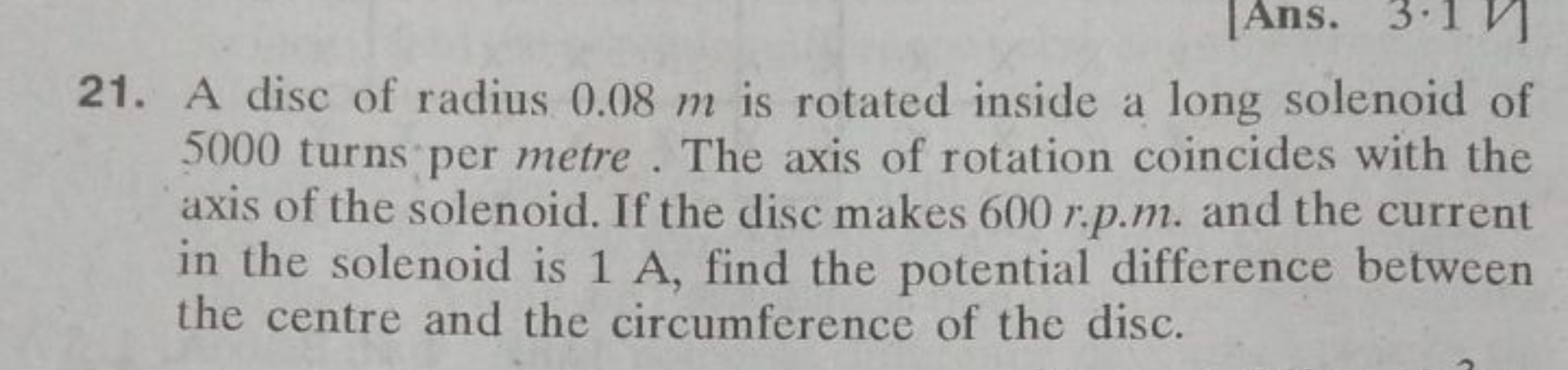 21. A disc of radius 0.08 m is rotated inside a long solenoid of 5000 