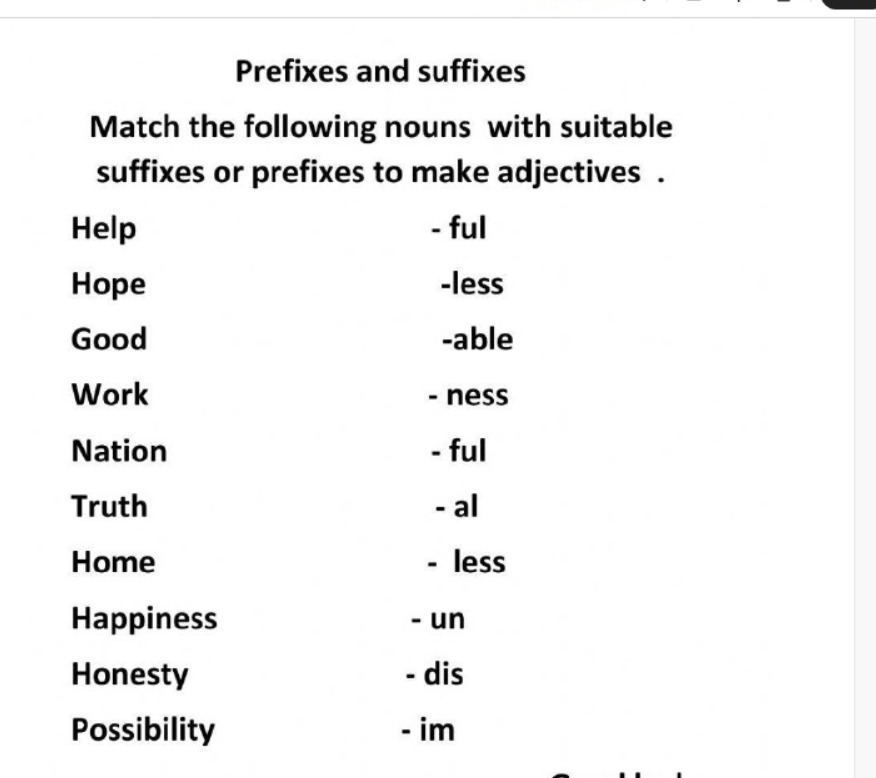 Prefixes and suffixes Match the following nouns with suitable suffixes or..