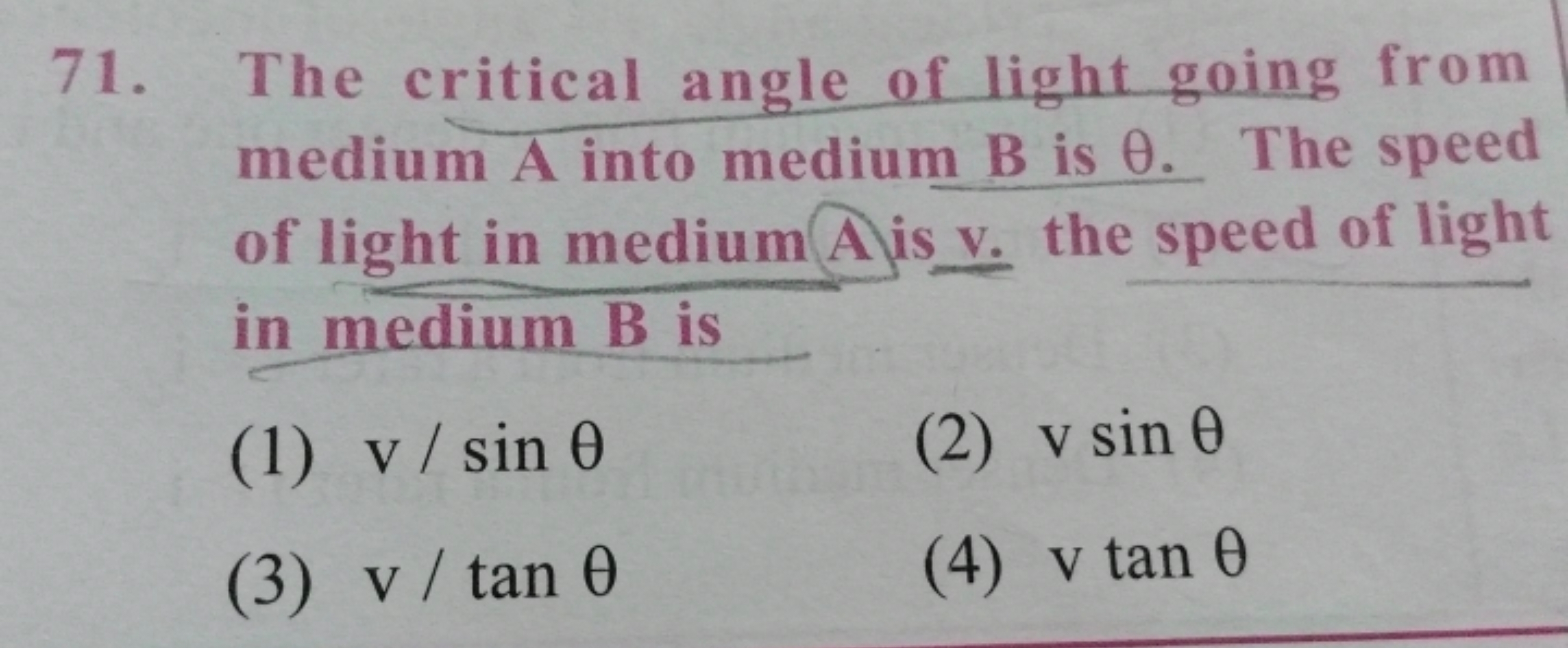 71. The critical angle of light going from medium A into medium B is θ