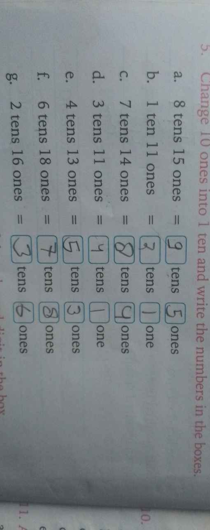 5. Change 10 ones into 1 ten and write the numbers in the boxes.
a. 8 