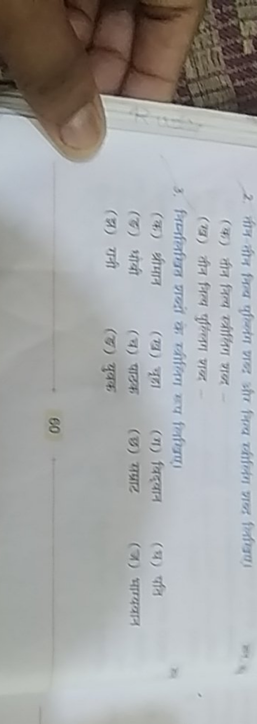 2. तीम-तीन निल्य पलिक्लिग शब्द और निम्व ग्रीलिग शब्द लिखिए।
(क) तीन नि