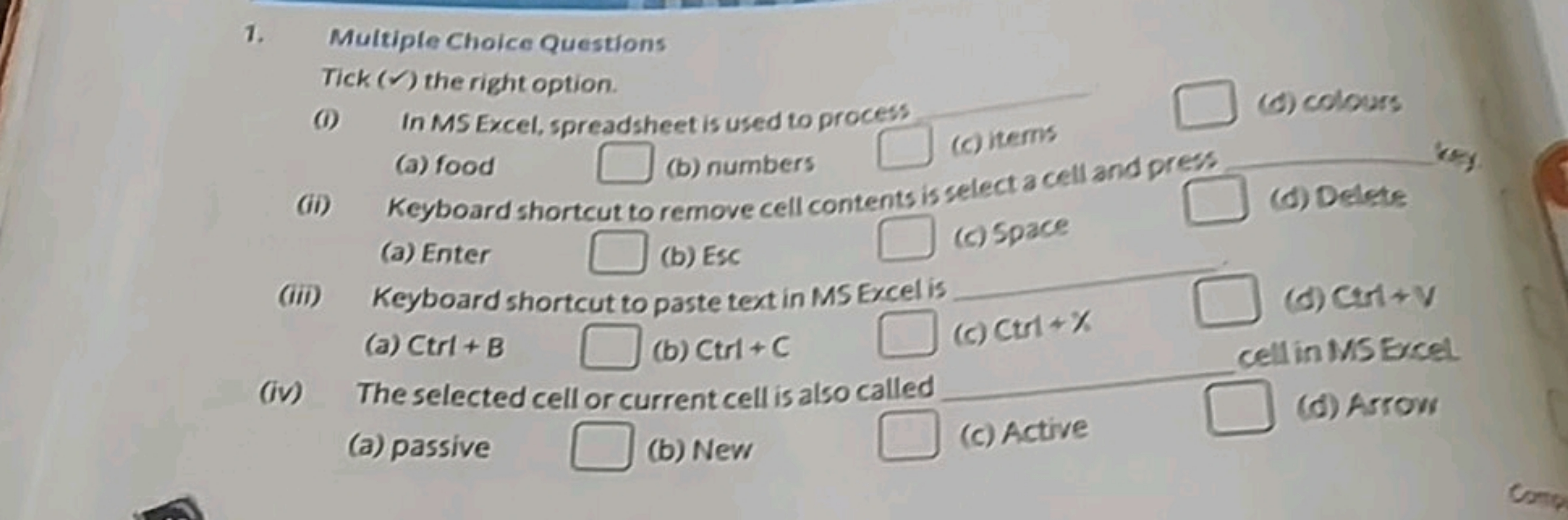 1. Multipte Choice Questions
Tick (✓) the right option.
(i) In MS Exce