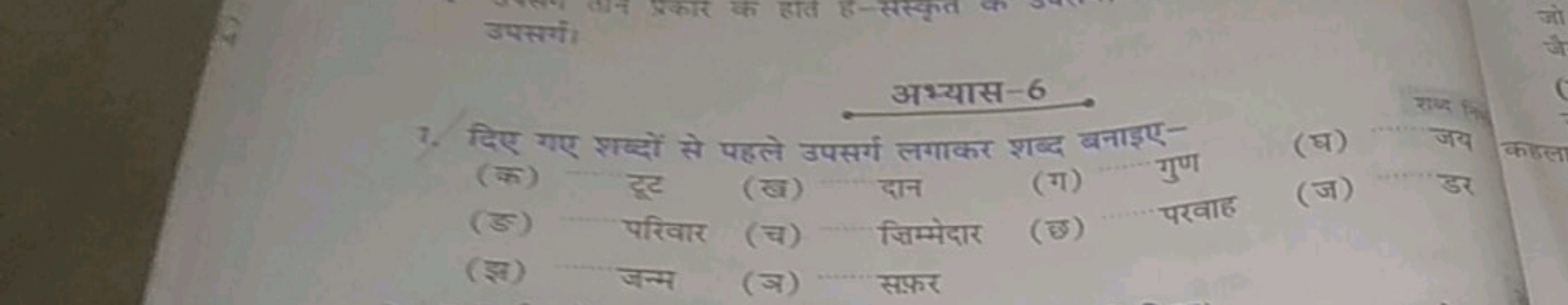 अभ्यास-6
7. दिए गए शब्दों से पहले उपसर्ग लगाकर शब्द बनाइए (क) दूट ​ (ख