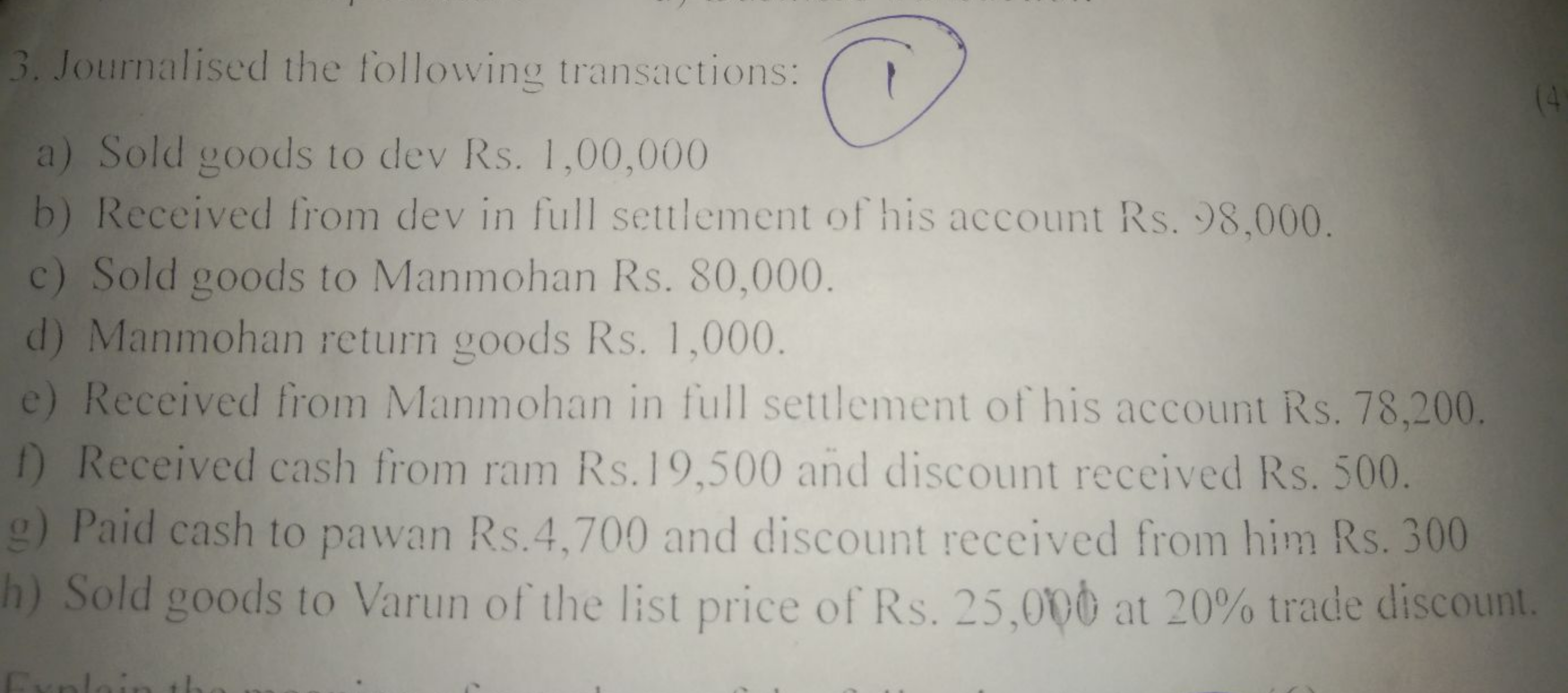 3. Journalised the following transactions:
a) Sold goods to dev Rs. 1,