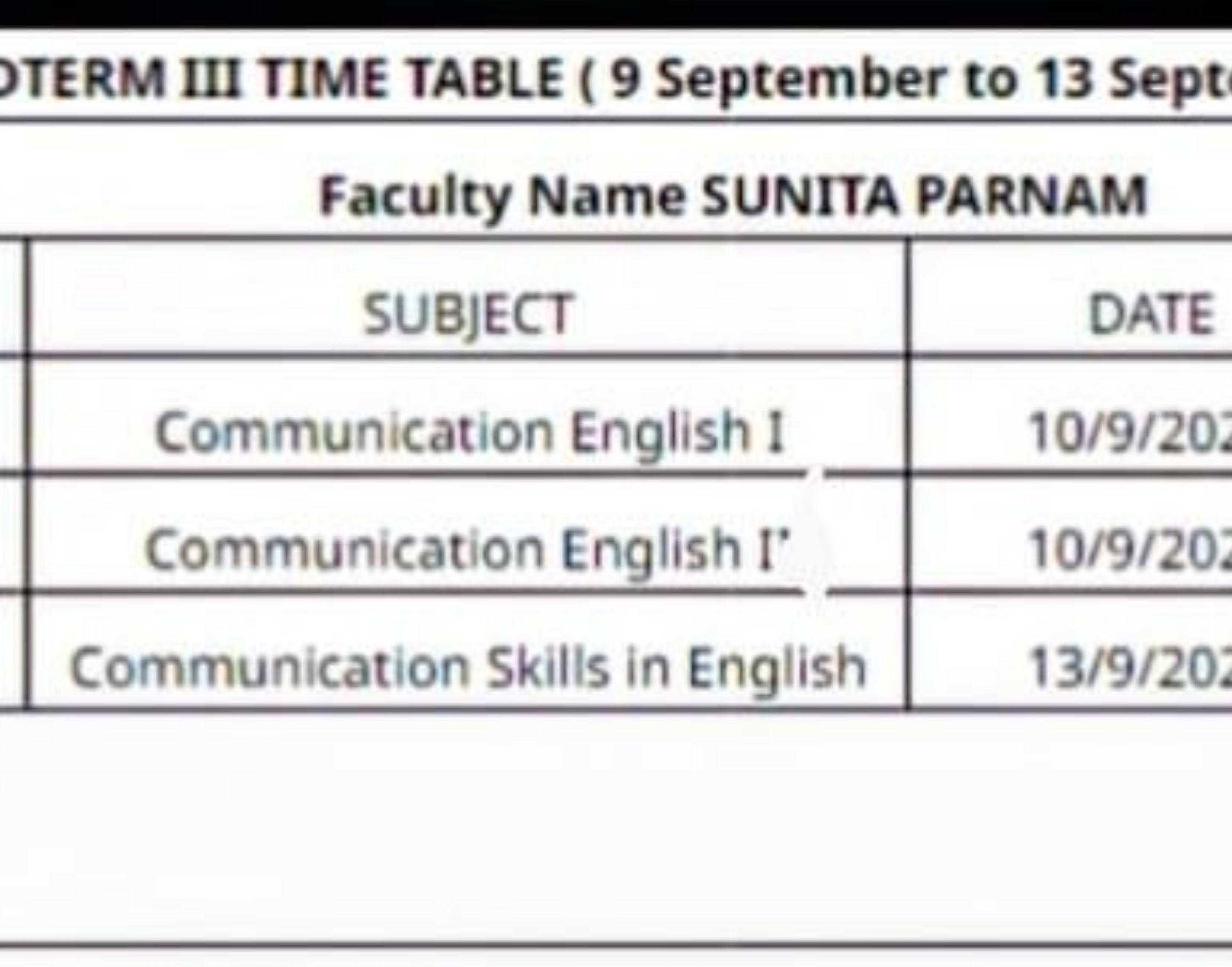 TERM III TIME TABLE ( 9 September to 13 Sept
Faculty Name SUNITA PARNA