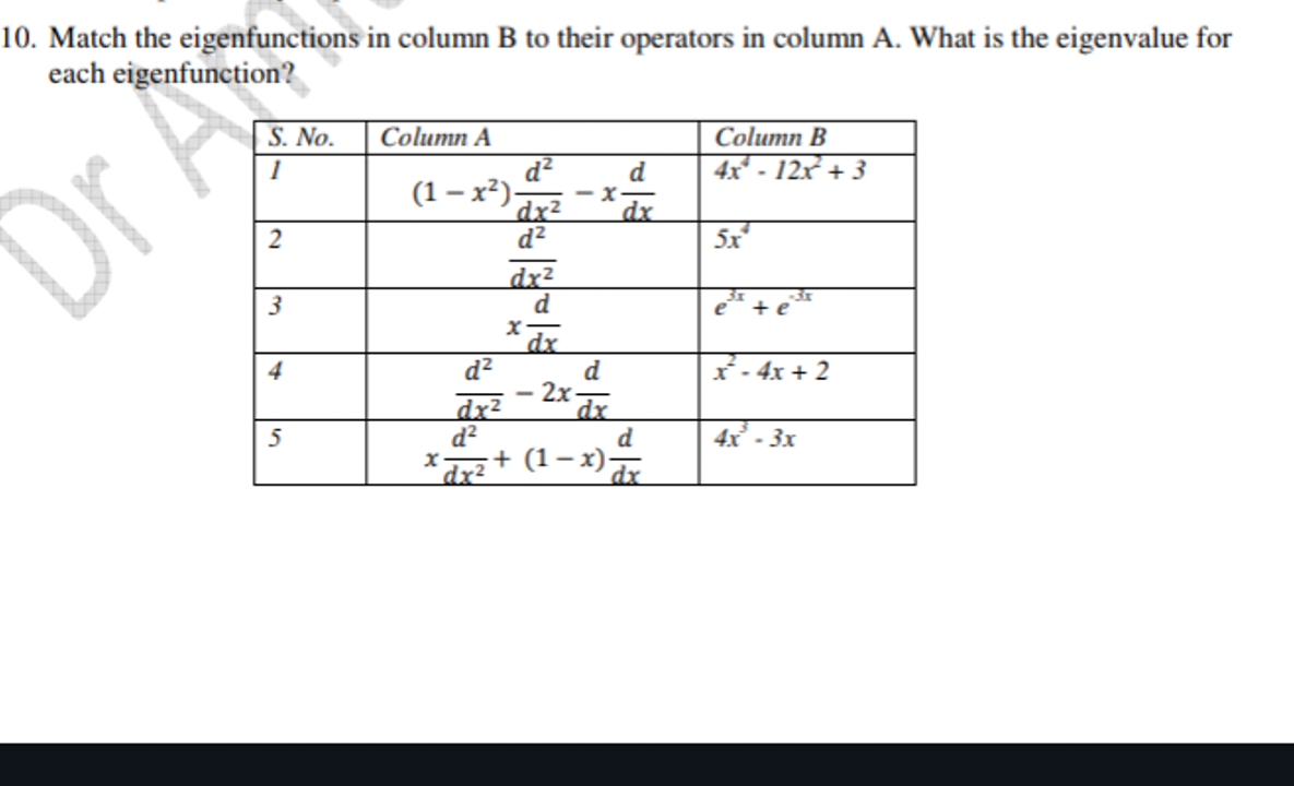 10. Match the eigenfunctions in column B to their operators in column 